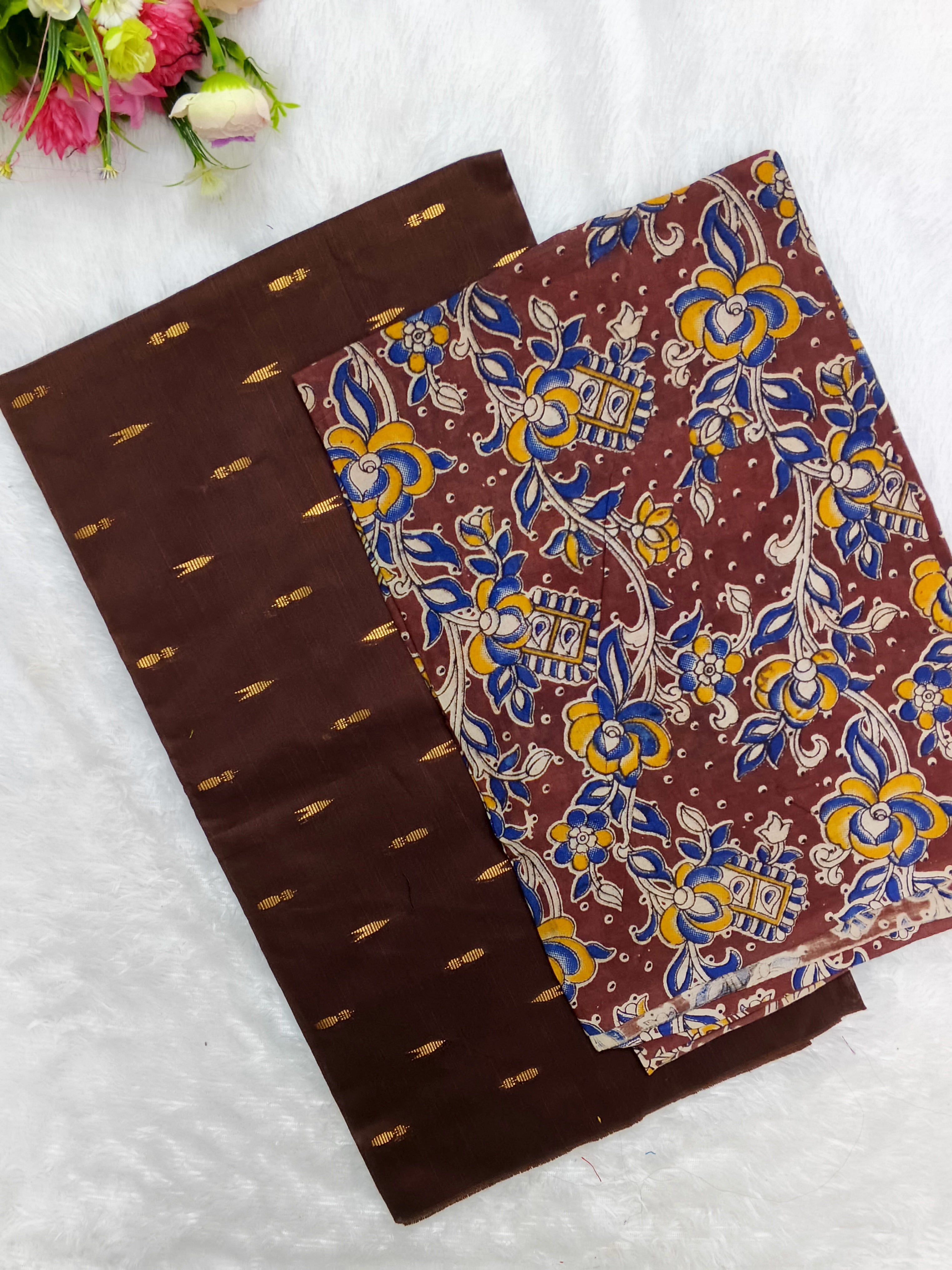 chocolate brown raw silk top with kalamkari duppata