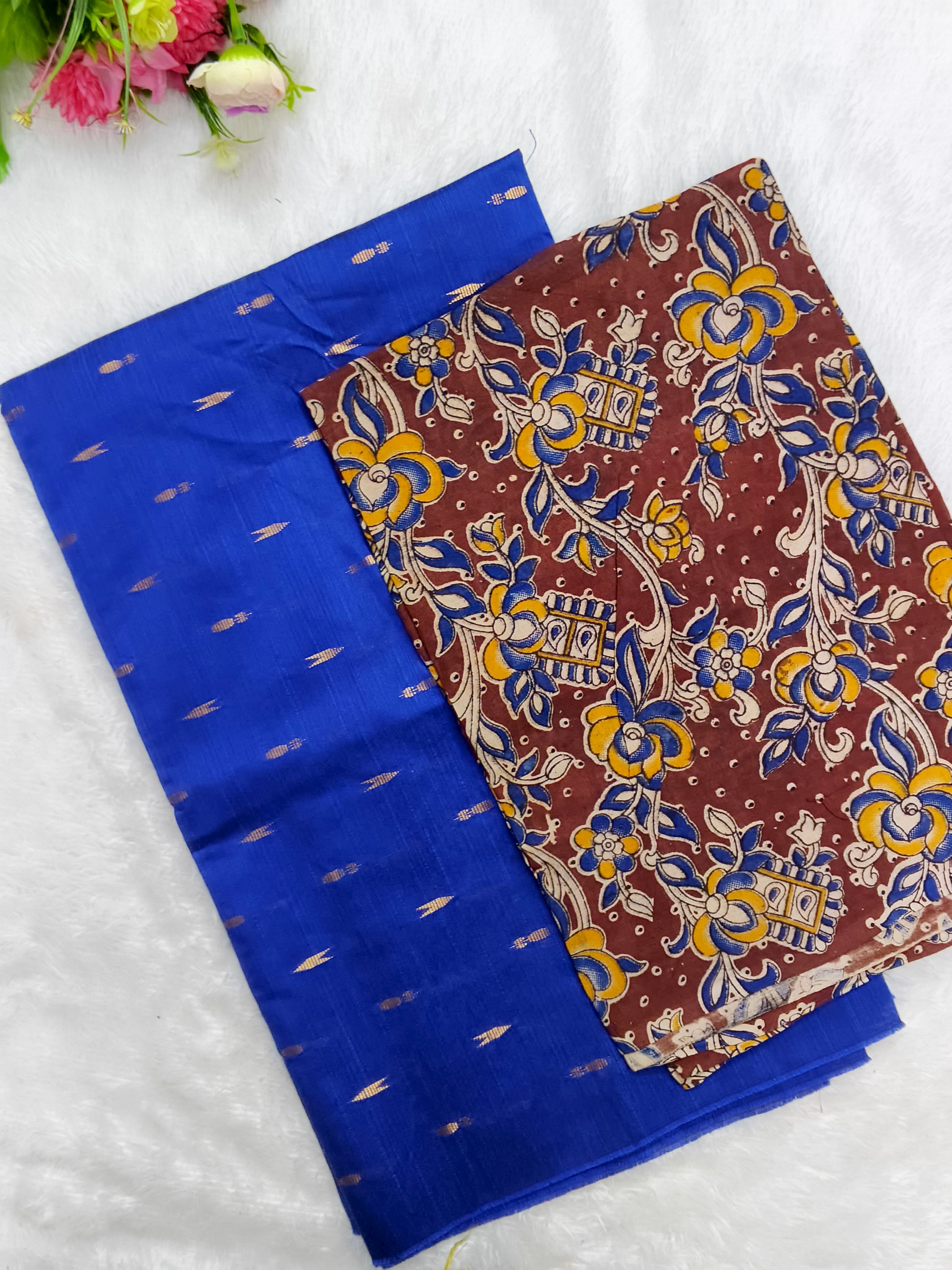 royal blue raw silk top with kalamkari duppata