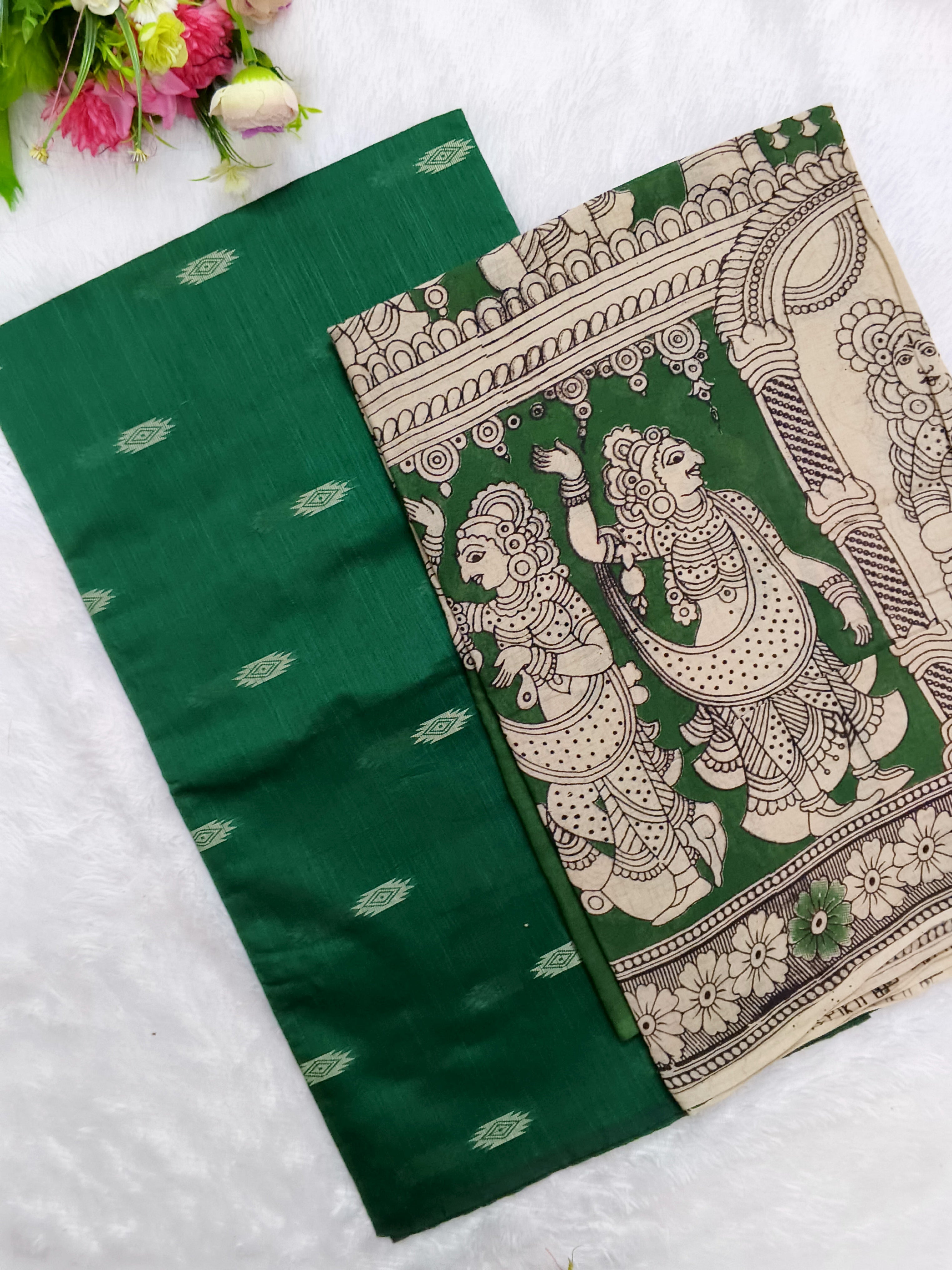 bottle green raw silk top wit kalamkari duppata