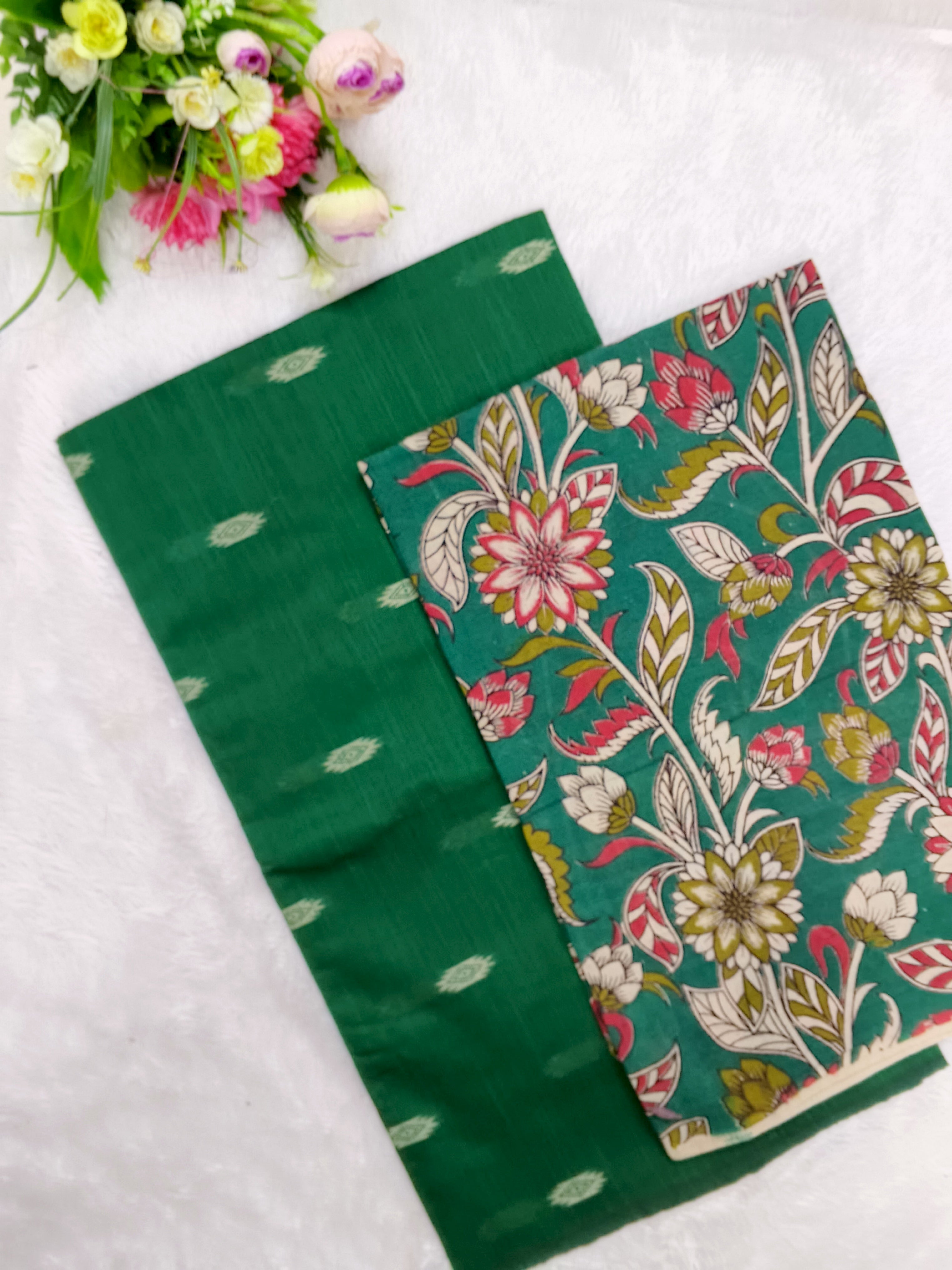 bottle green raw silk with kalamkari duppata
