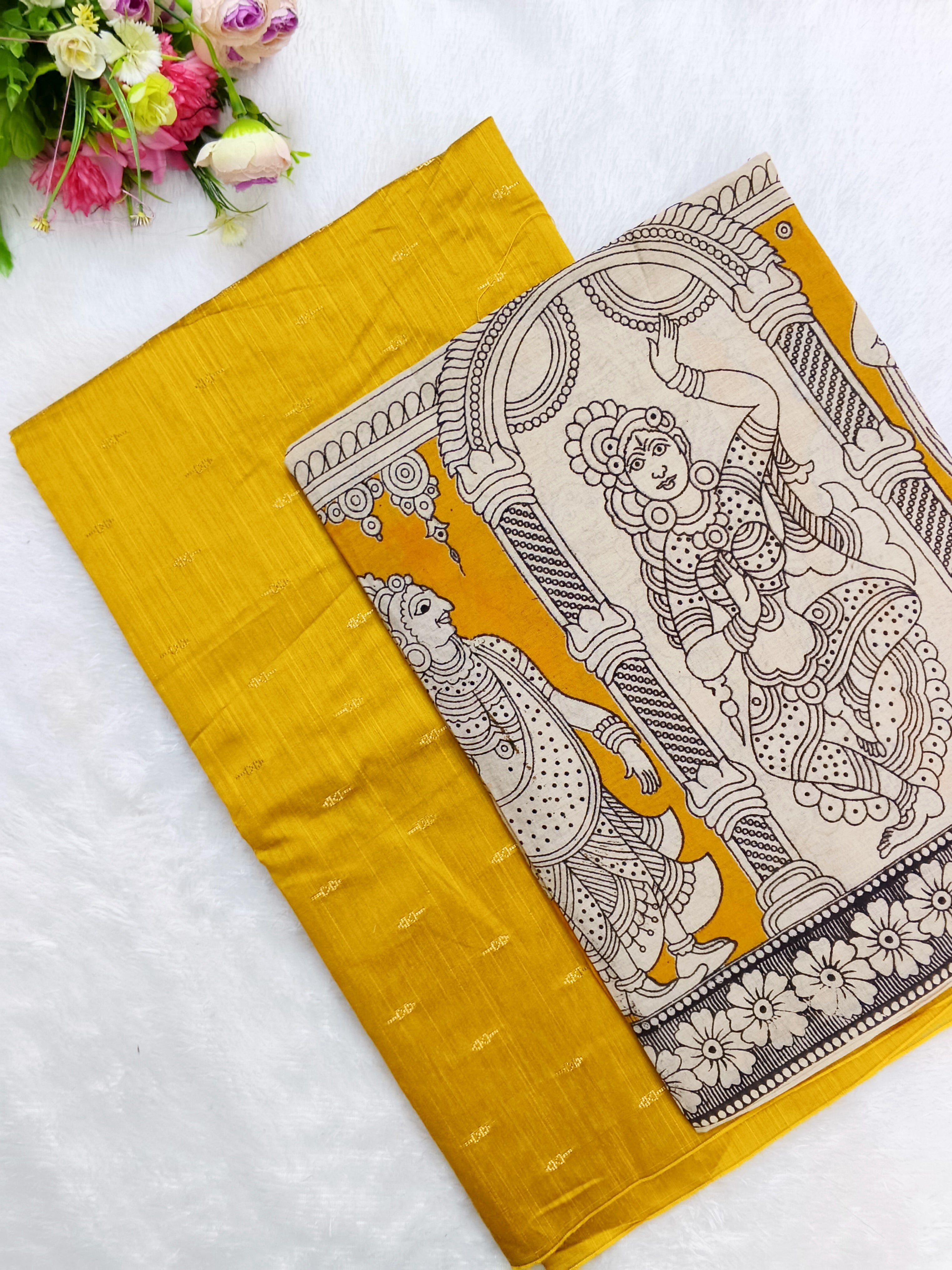mustard yellow raw silk top with kalamkari duppata