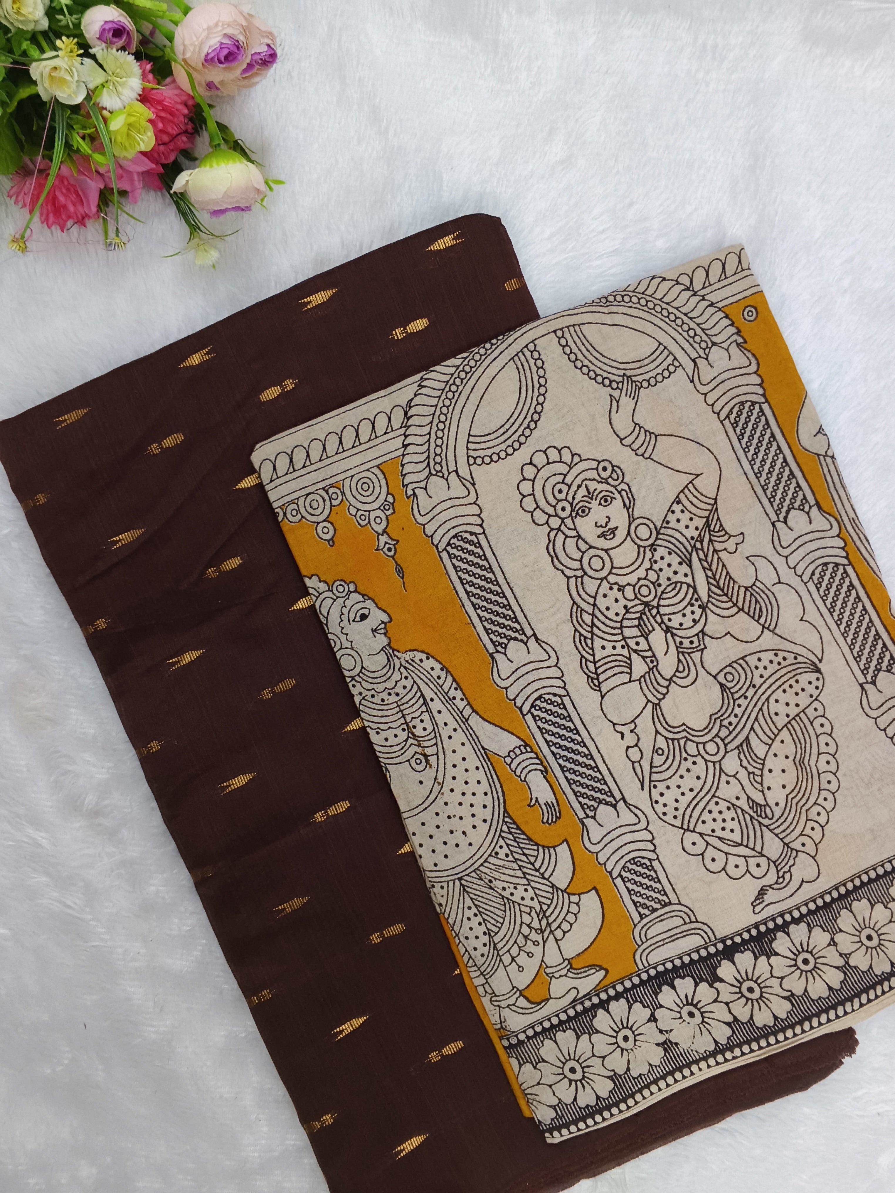 chocolate brown raw silk top with kalamkari duppata