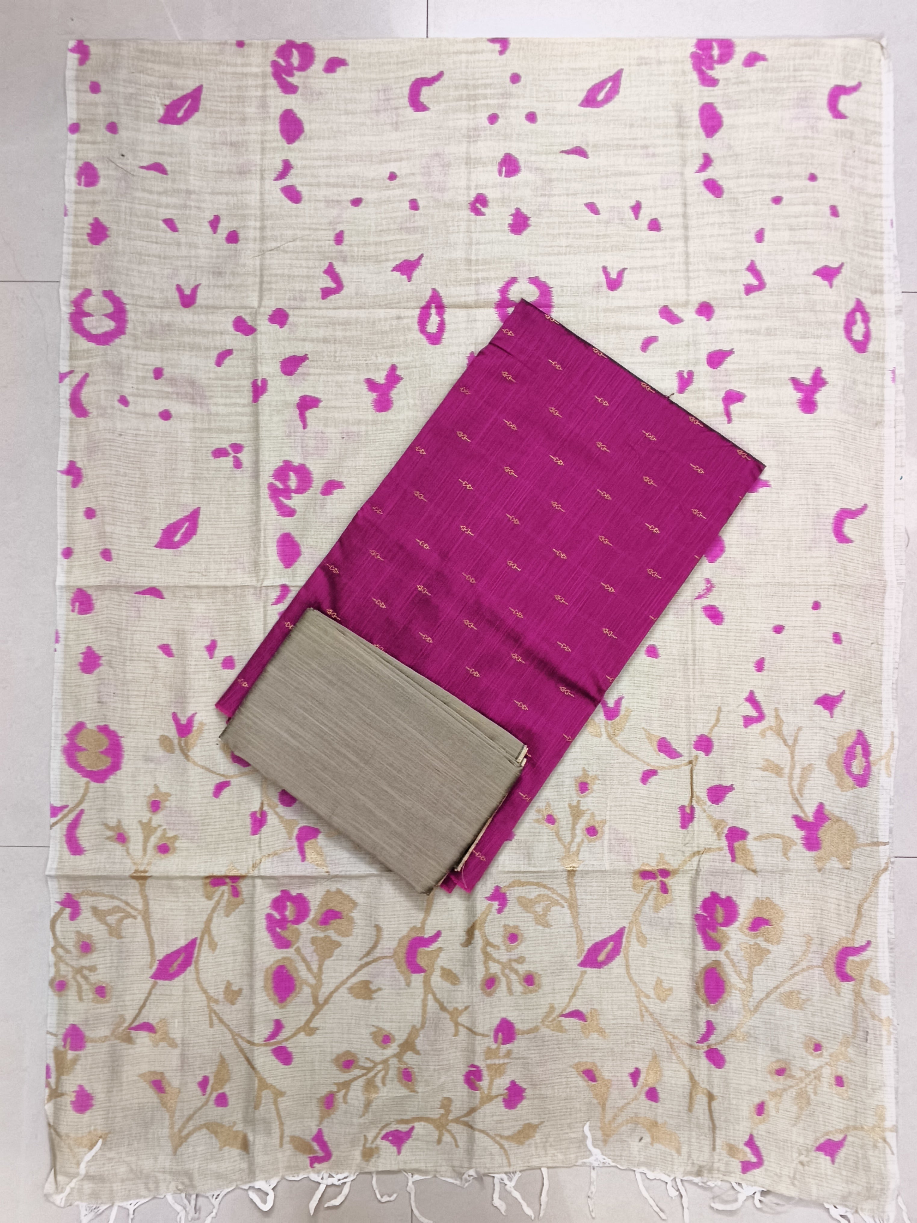 rani pink raw silk top with floral design madhubani duppata