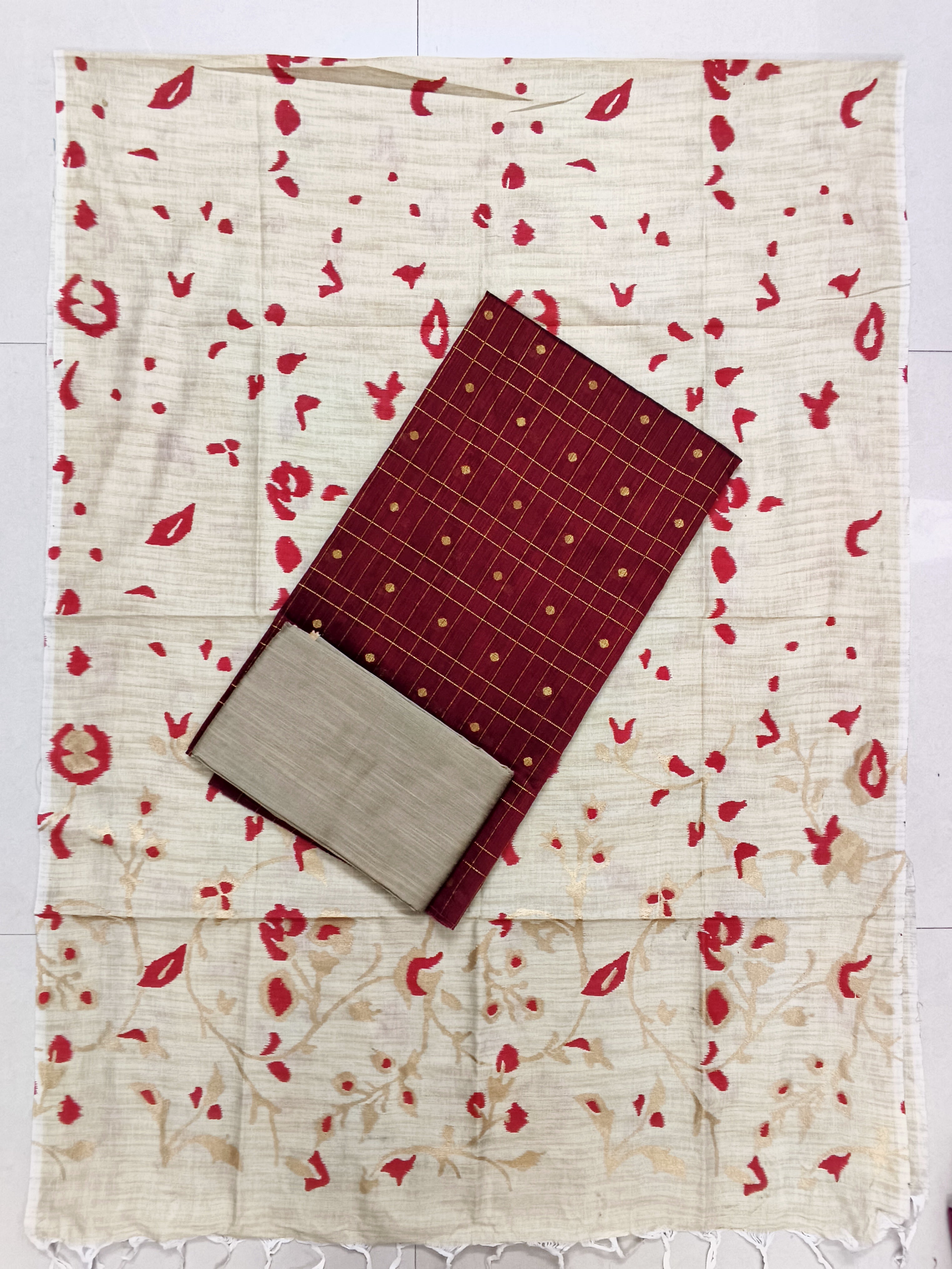 marron meena checked raw silk top with floral design madhubani duppata