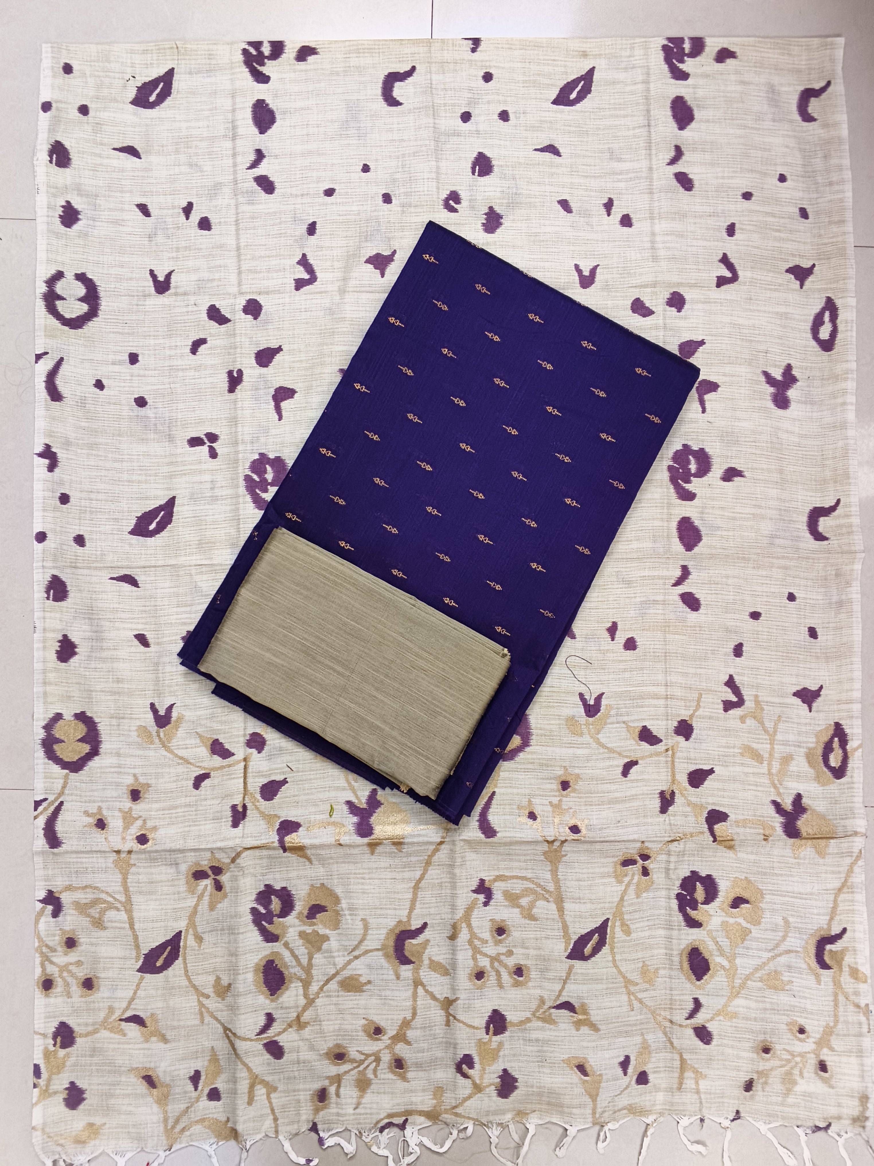 dark purple raw silk top with floral desig madhubani duppata