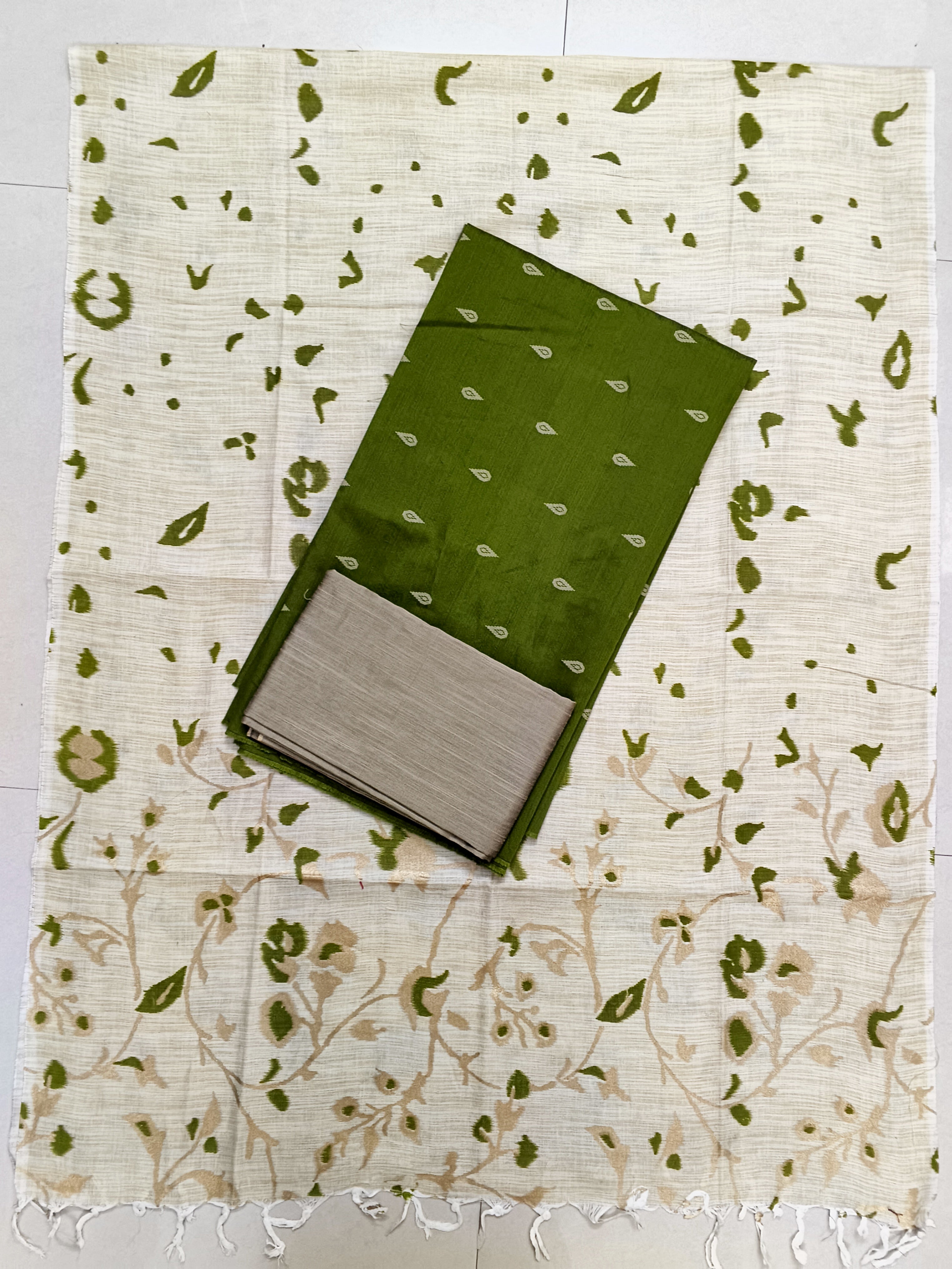 mehandi green raw silk top floral design madhubani duppata