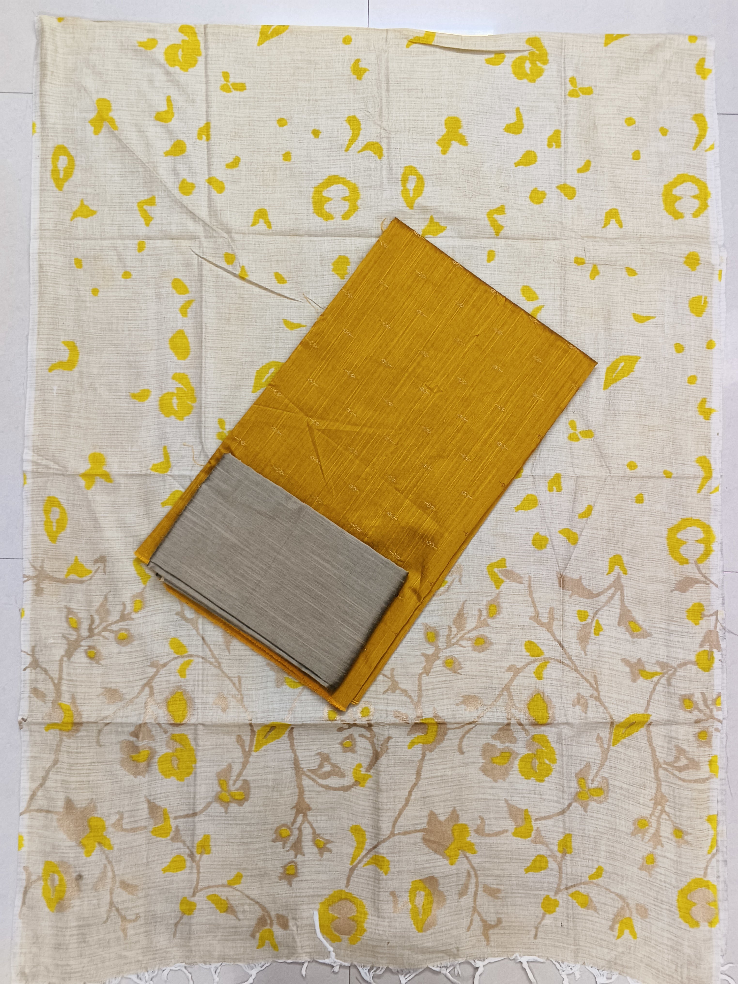 mustard yellow raw silk top with loral design madhubani duppata