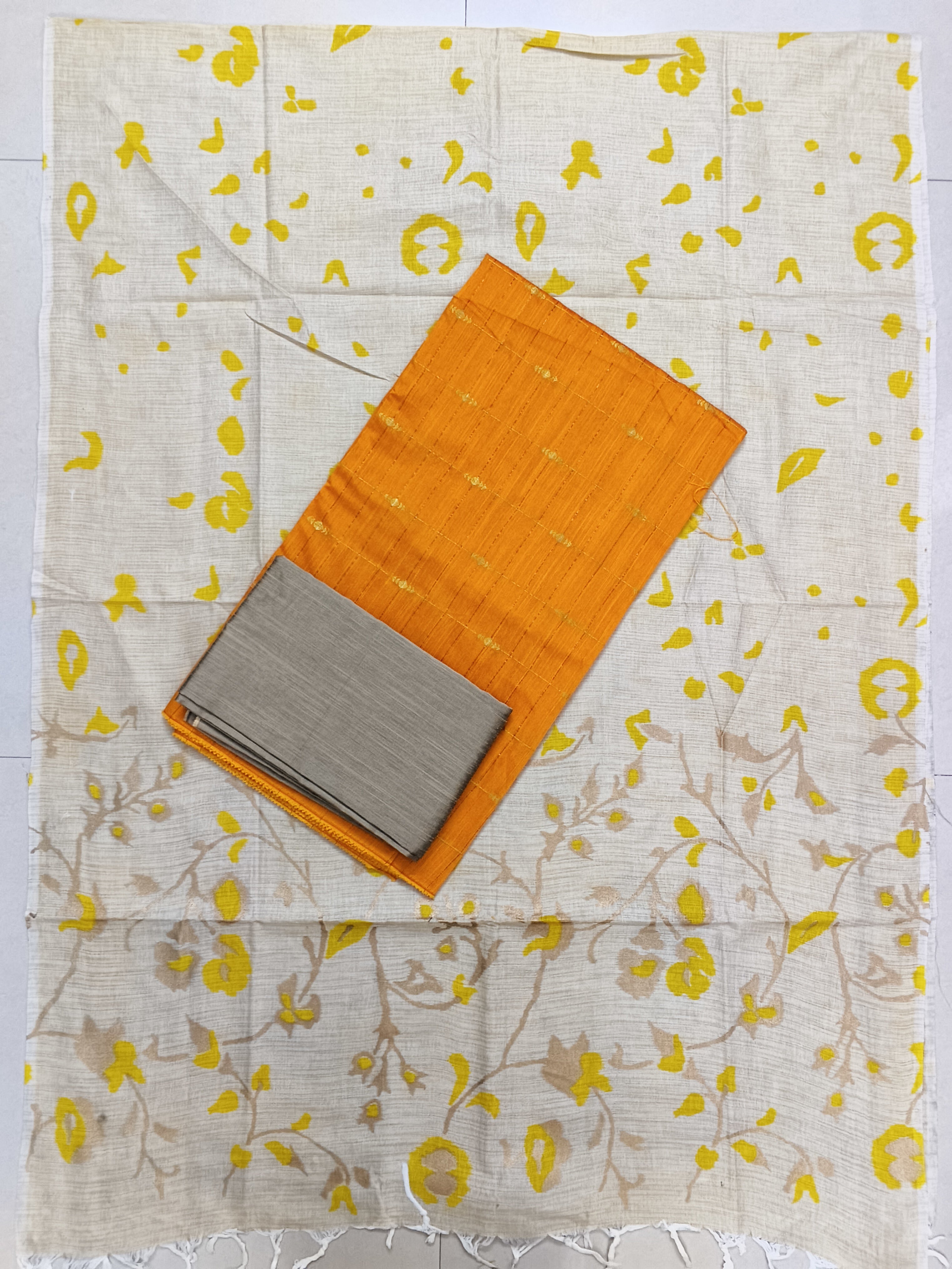 yellow checked raw silk top with floral design madhubani duppata