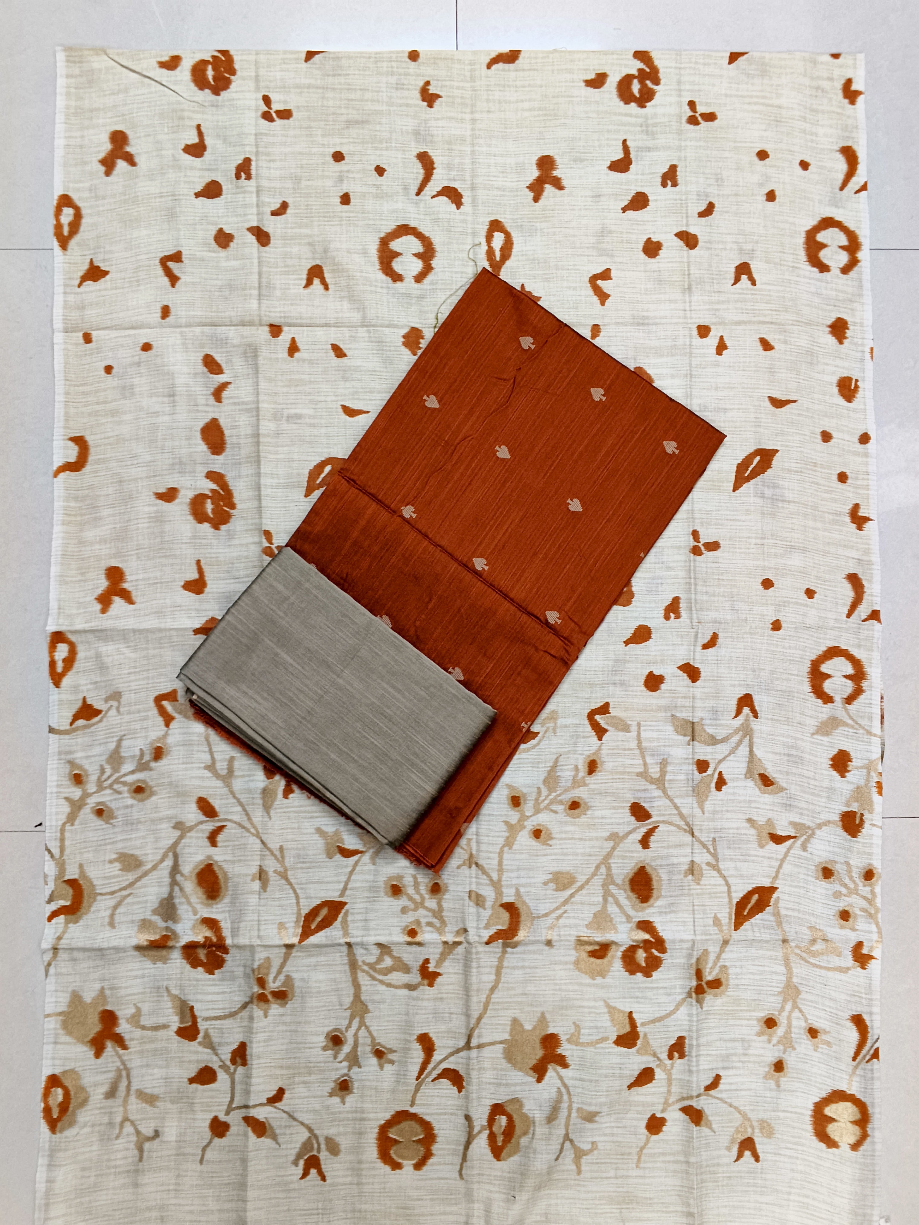rust orange raw silk top with floral design madhubani duppata