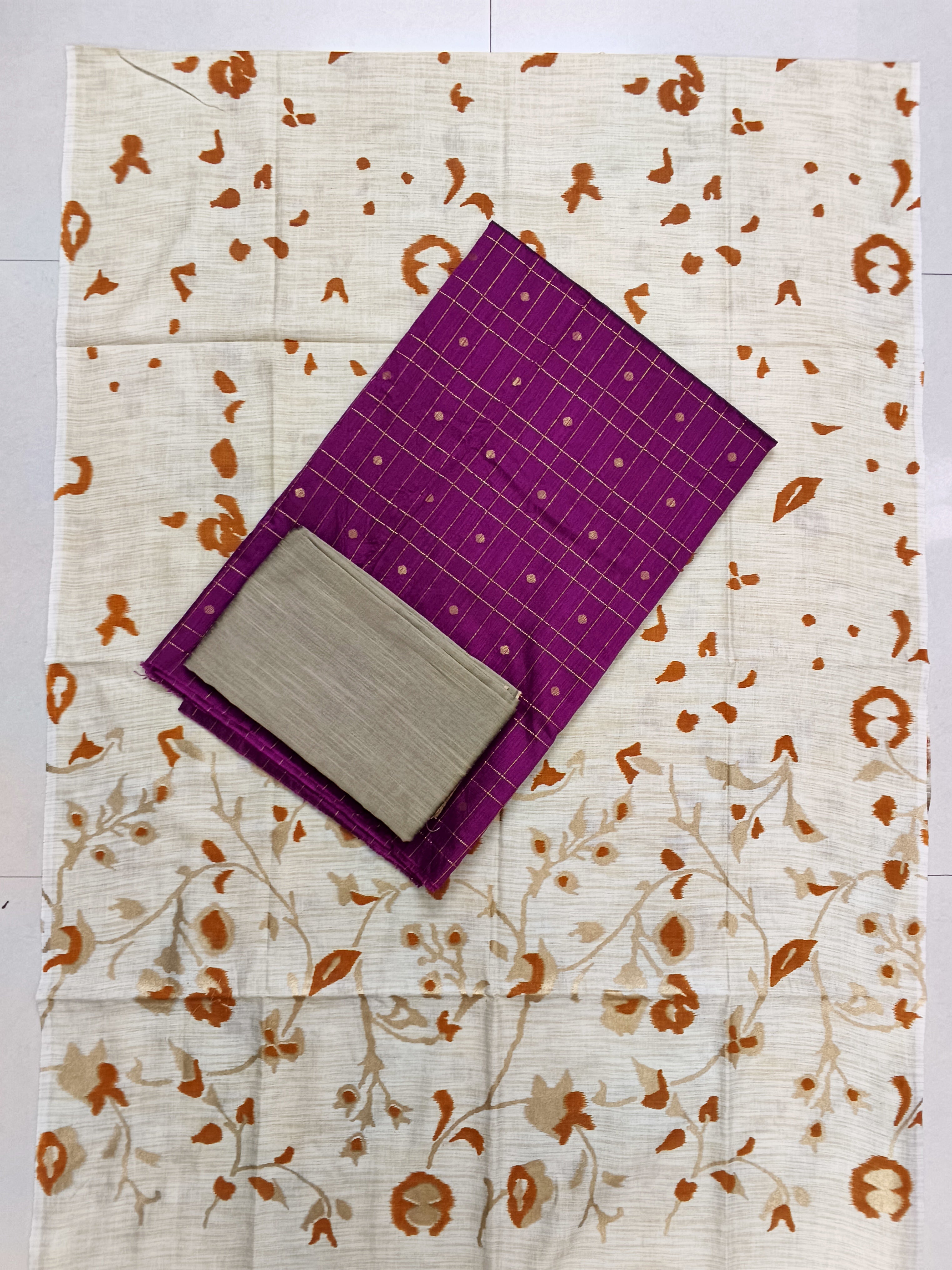 mejanta pink raw silk checked top with floral design duppata