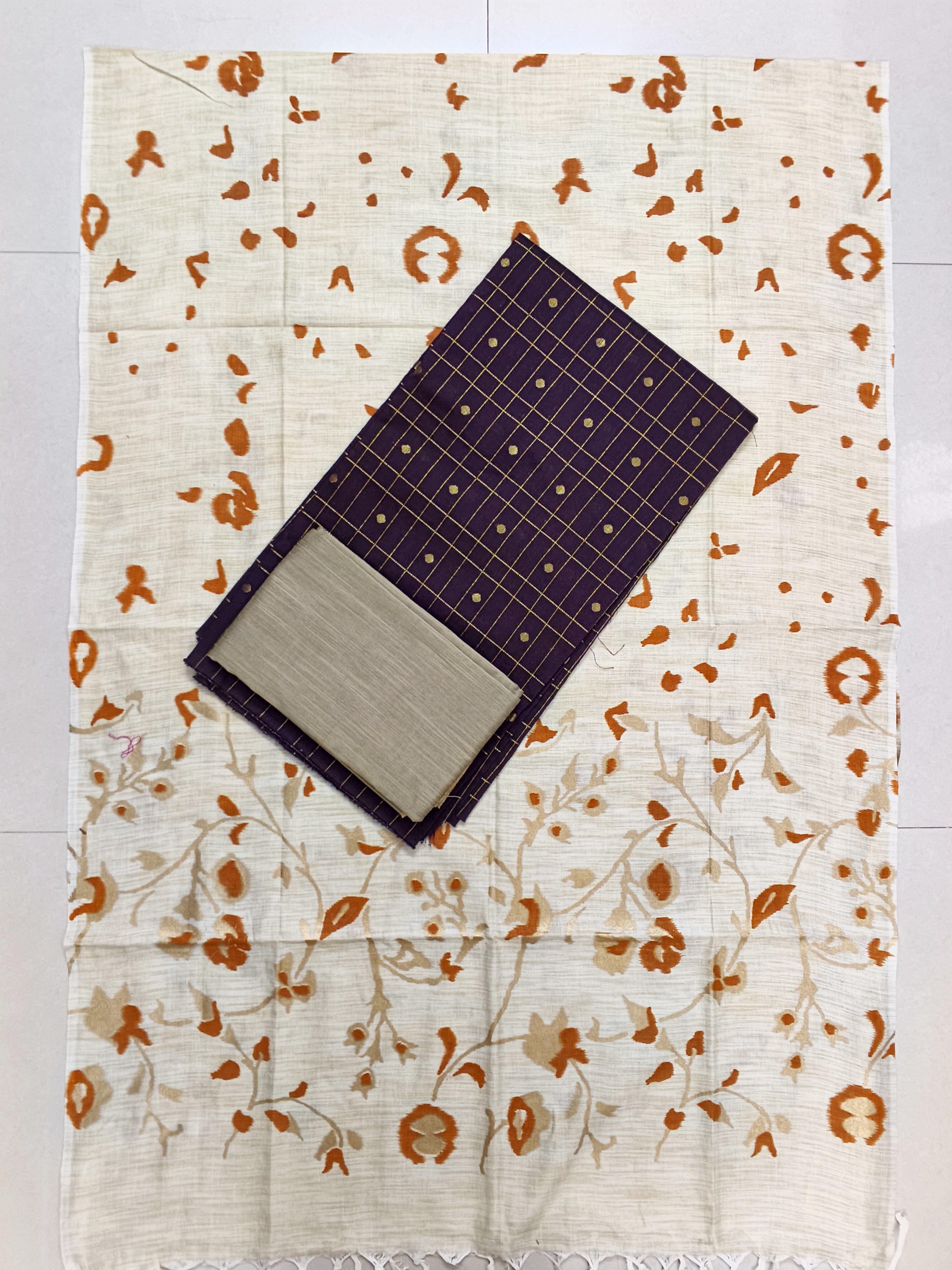 chocolate brown meena butta checked top with floral design madhubani duppata