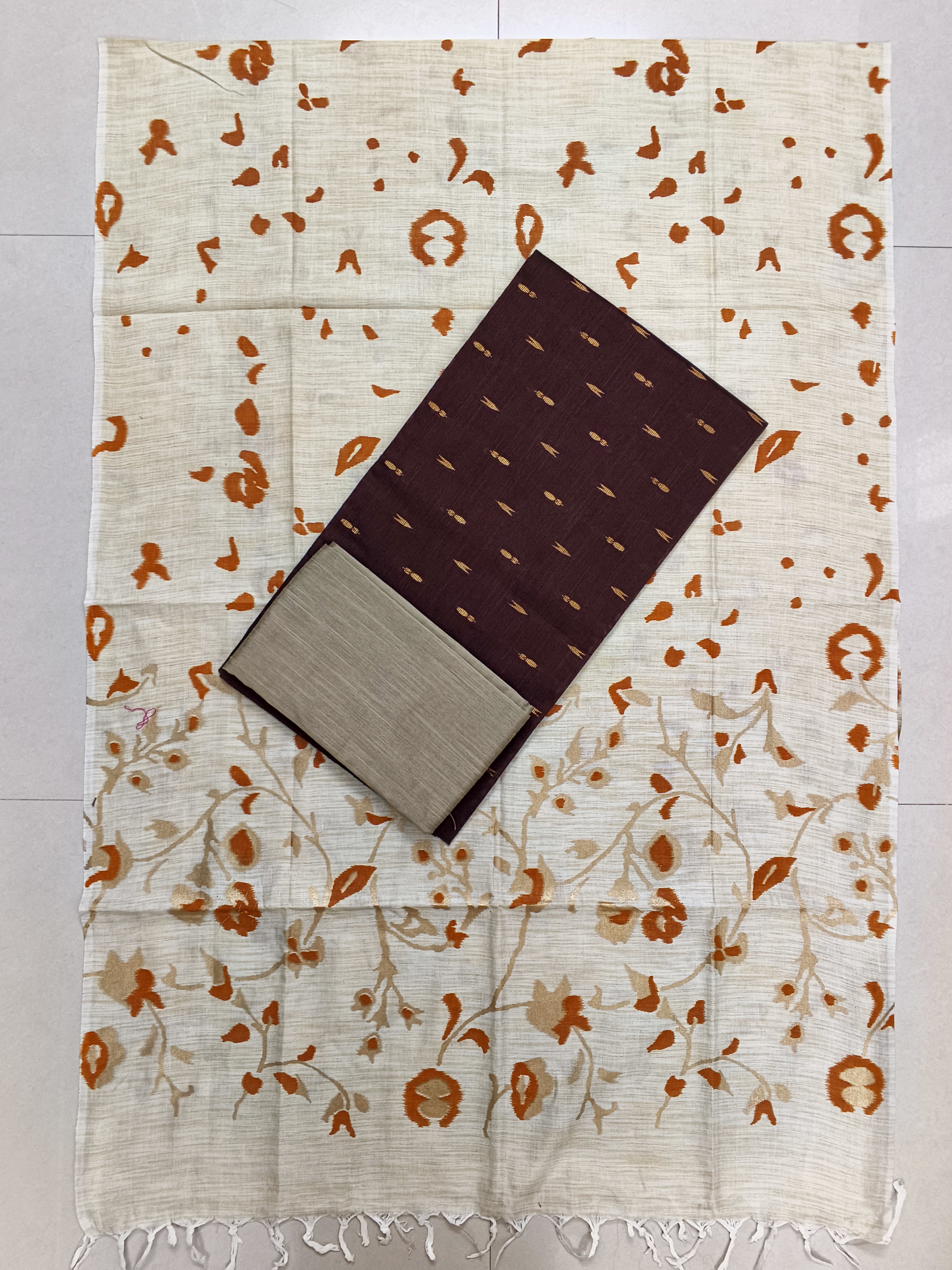chocolate brown raw silk top with floral design madhubani dupatta