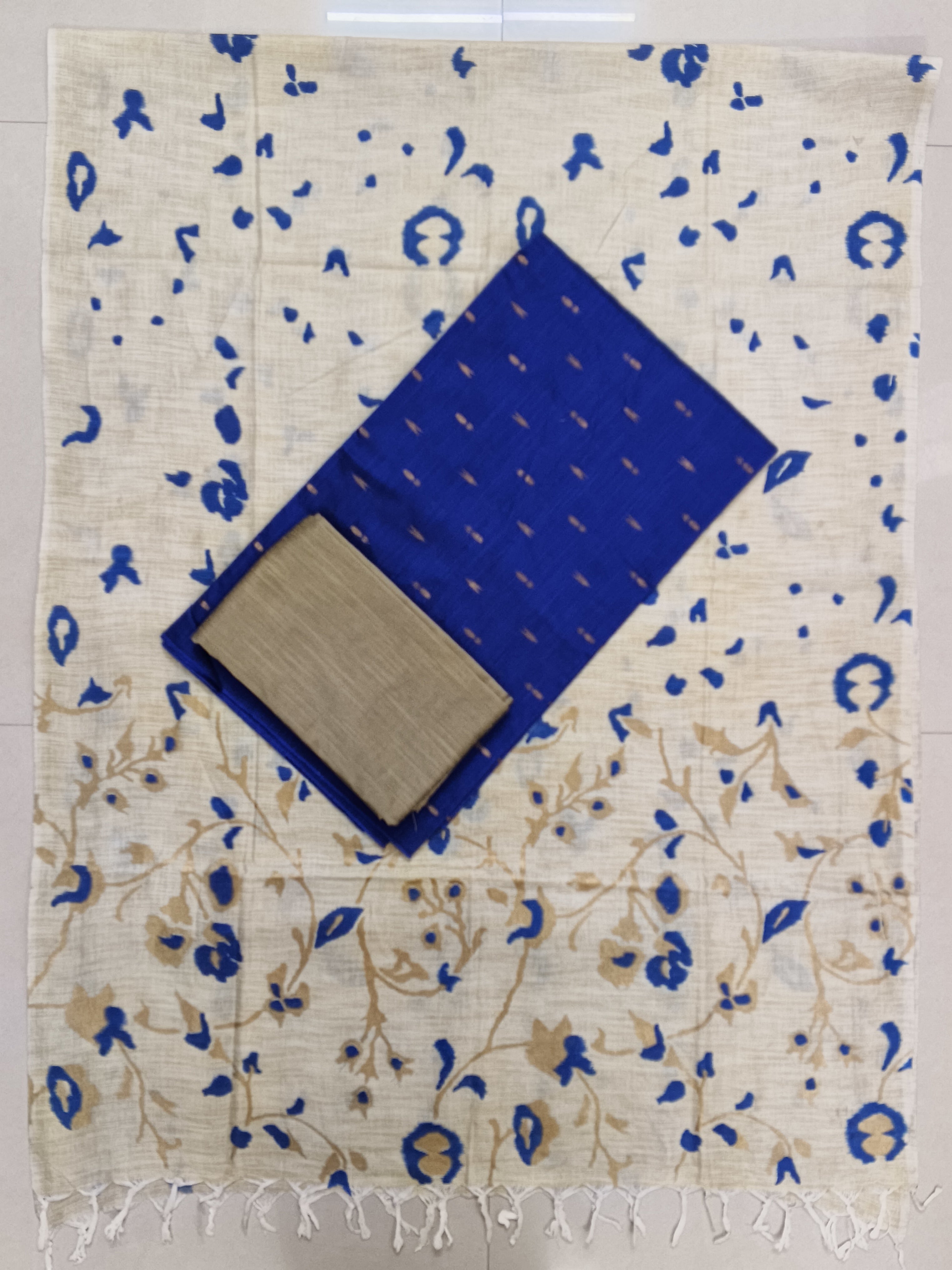 royal blue raw silk top with floral design madhubani duppata