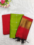 red with apple green colour combination raw silk 3 piece set