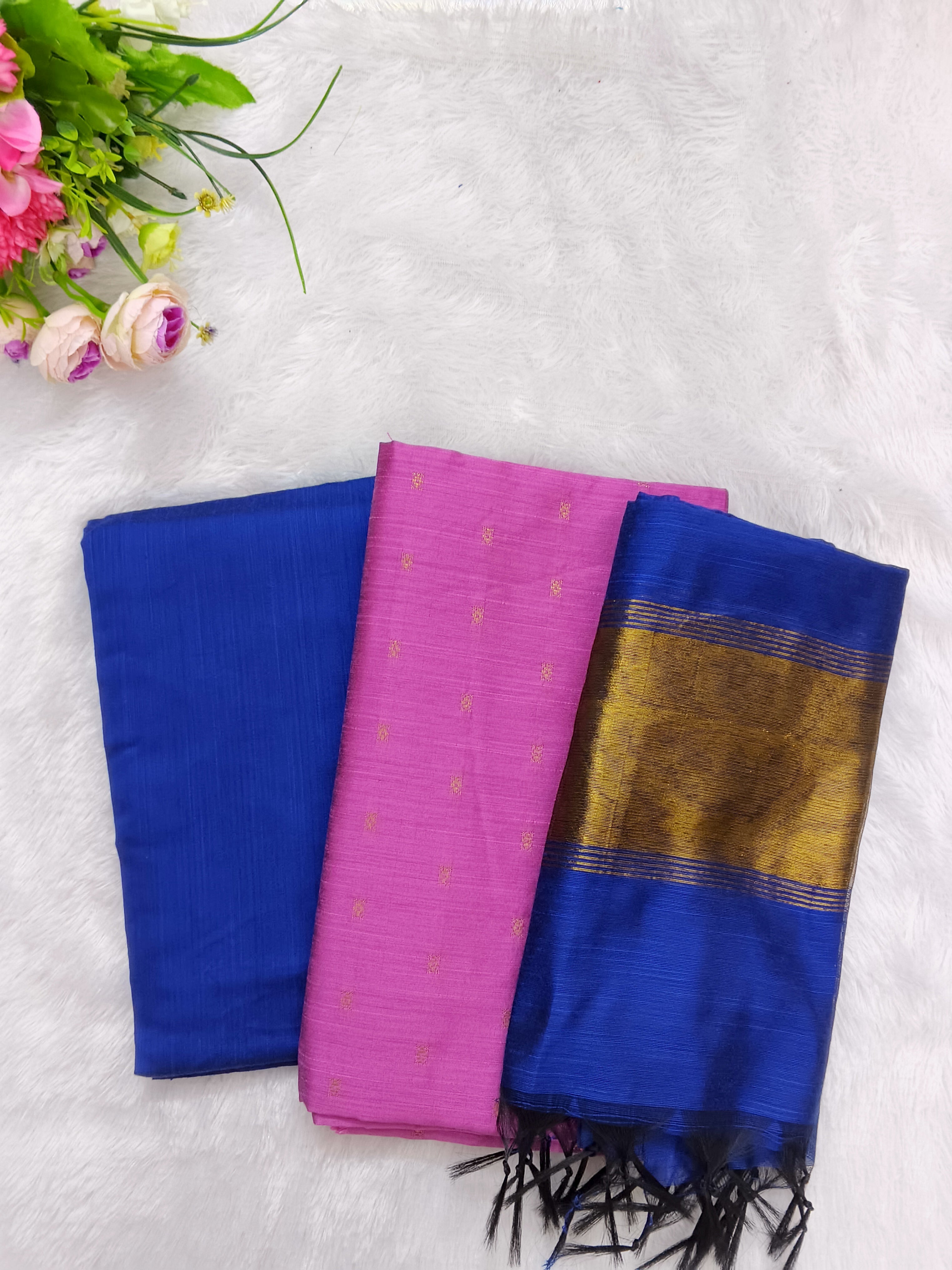 royal blue with pink colour combination raw silk 3 piece set