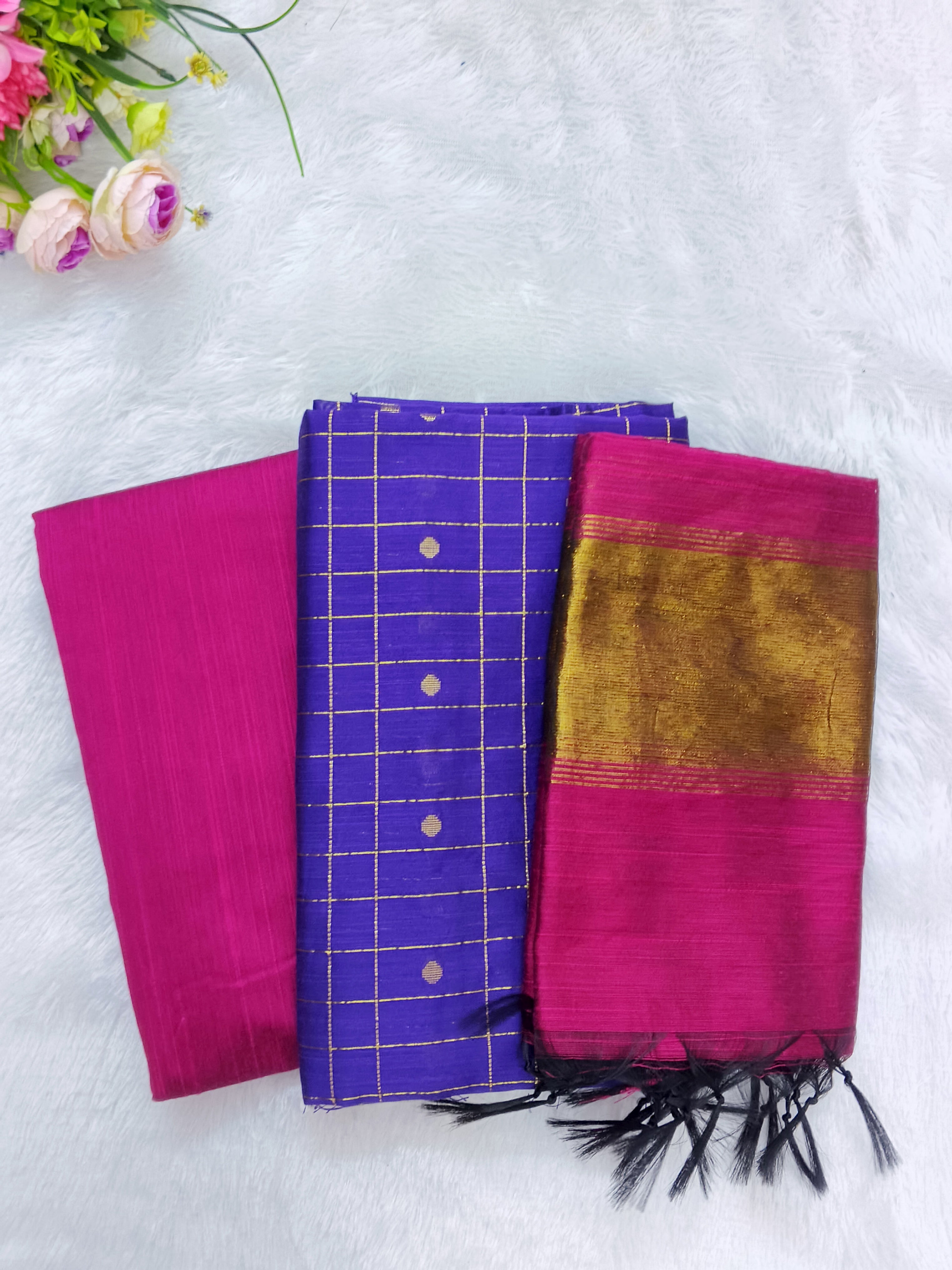 rani pink with purple colour combination raw silk 3 piece set