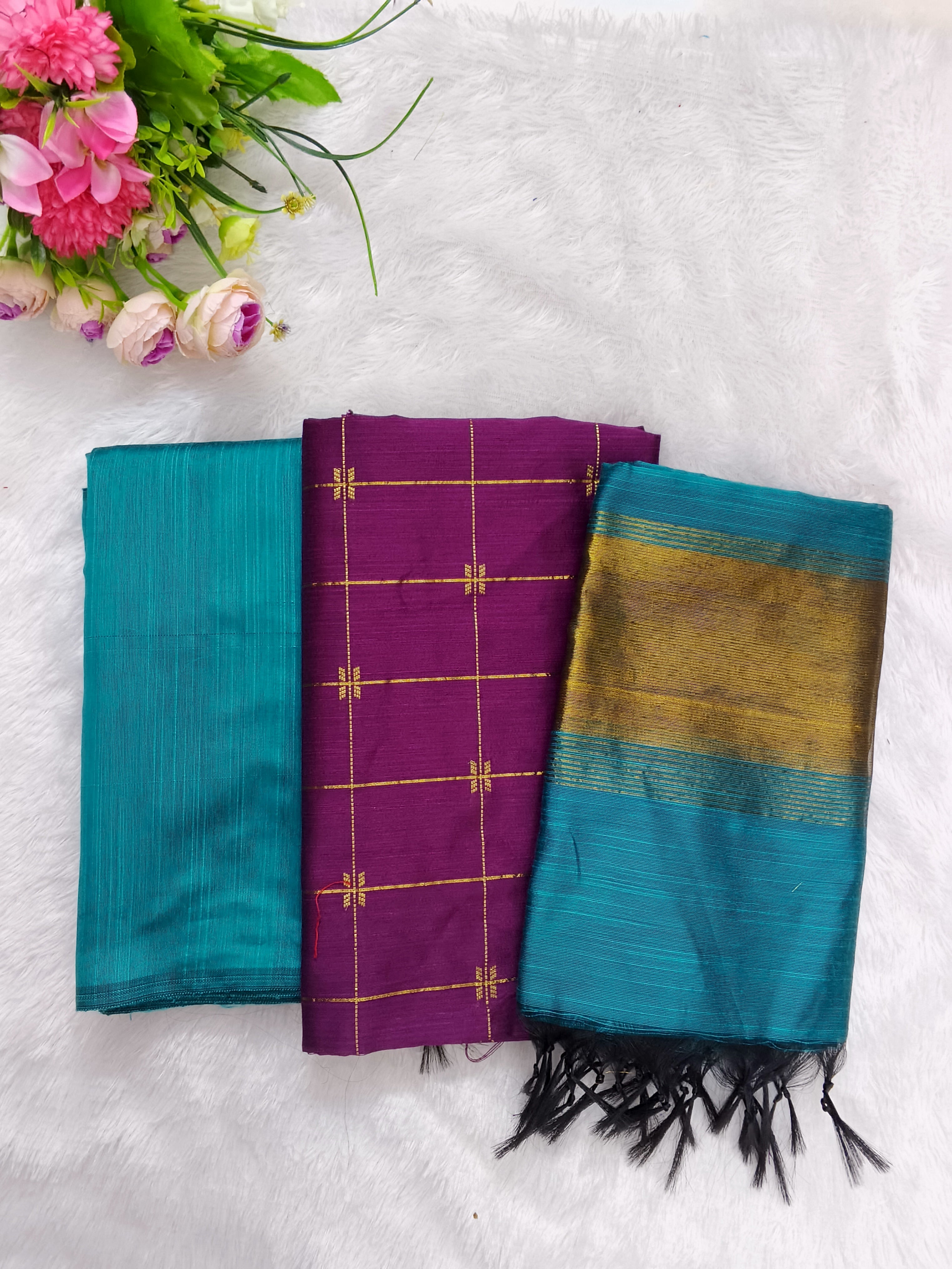 teel blue with wine colour combition raw silk 3 piece set