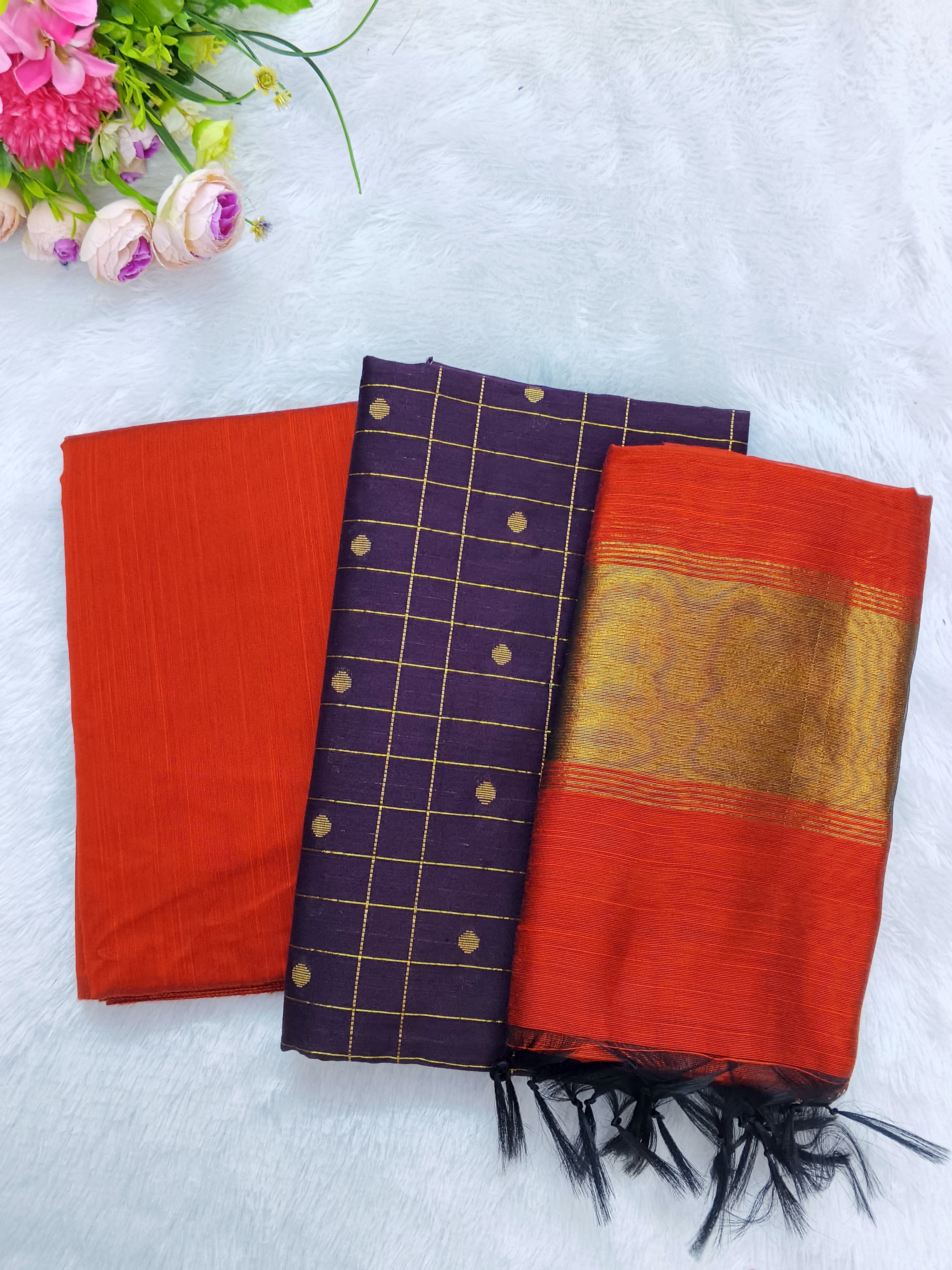 orange with wine colour combination raw silk with 3 piece set