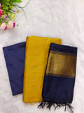navy blue with yellow colour combination raw silk 3 piece set