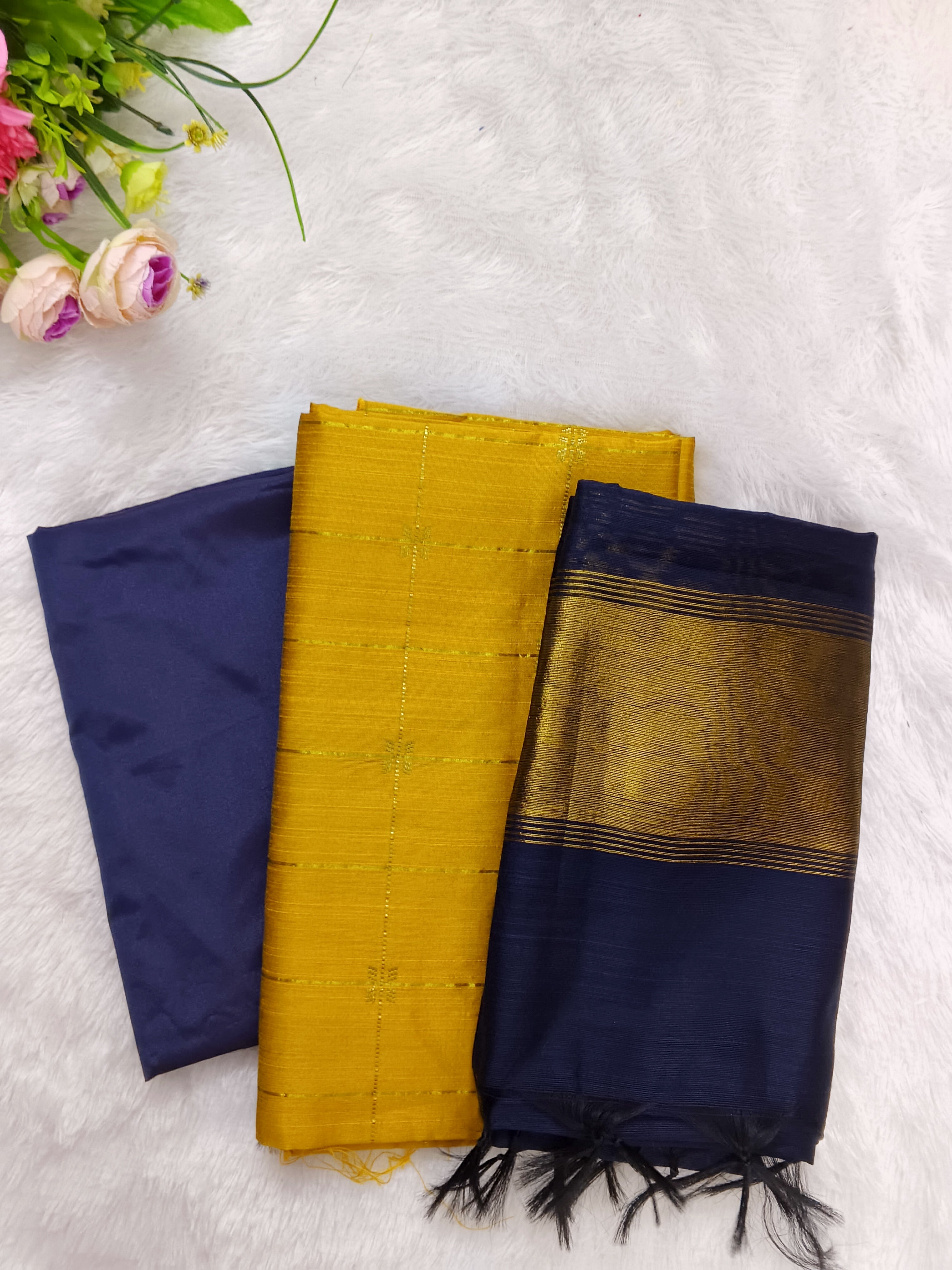 navy blue with yellow colour combination raw silk 3 piece set