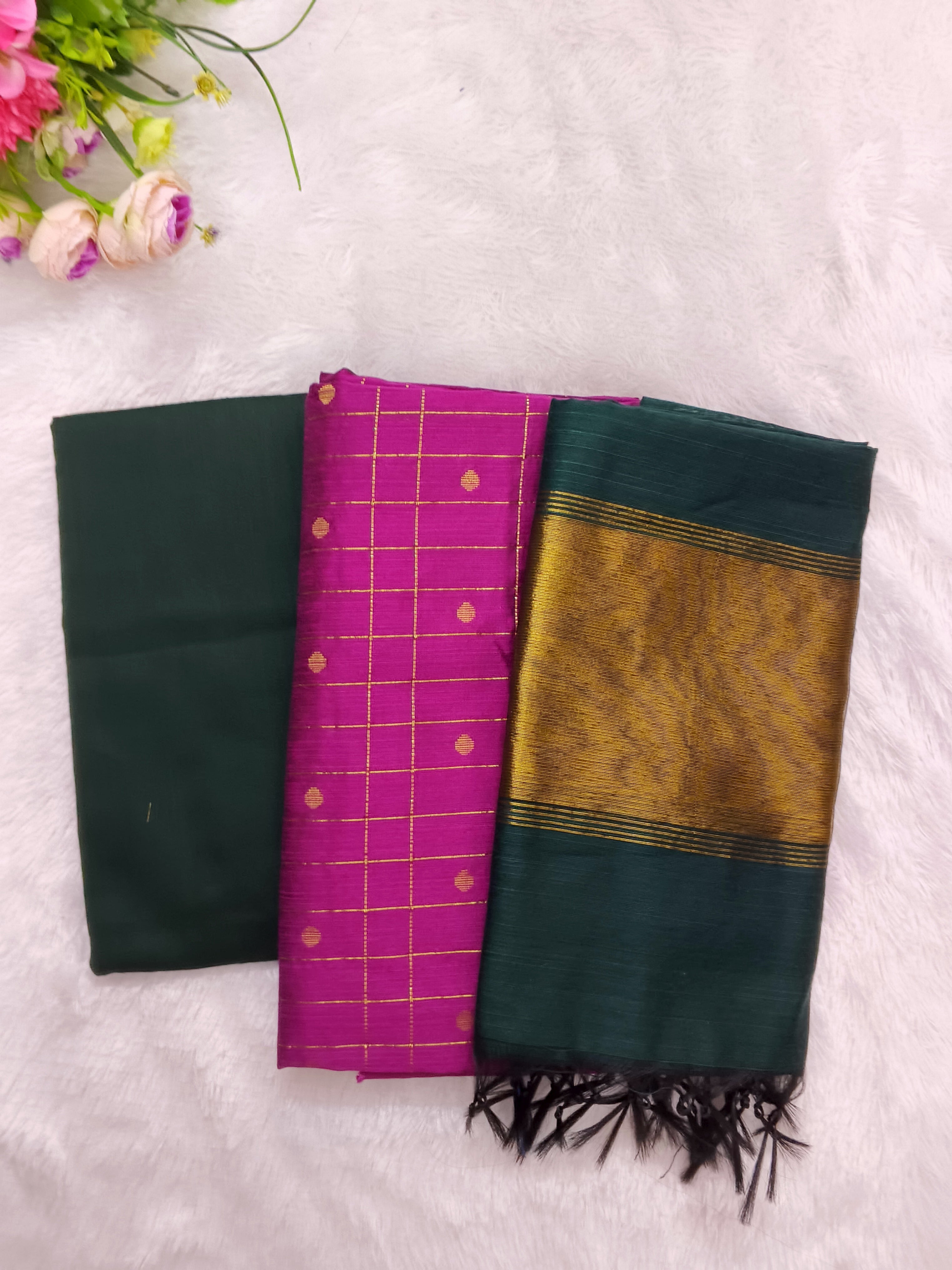 dark green with mejanta pink colour combination raw silk 3 piece set