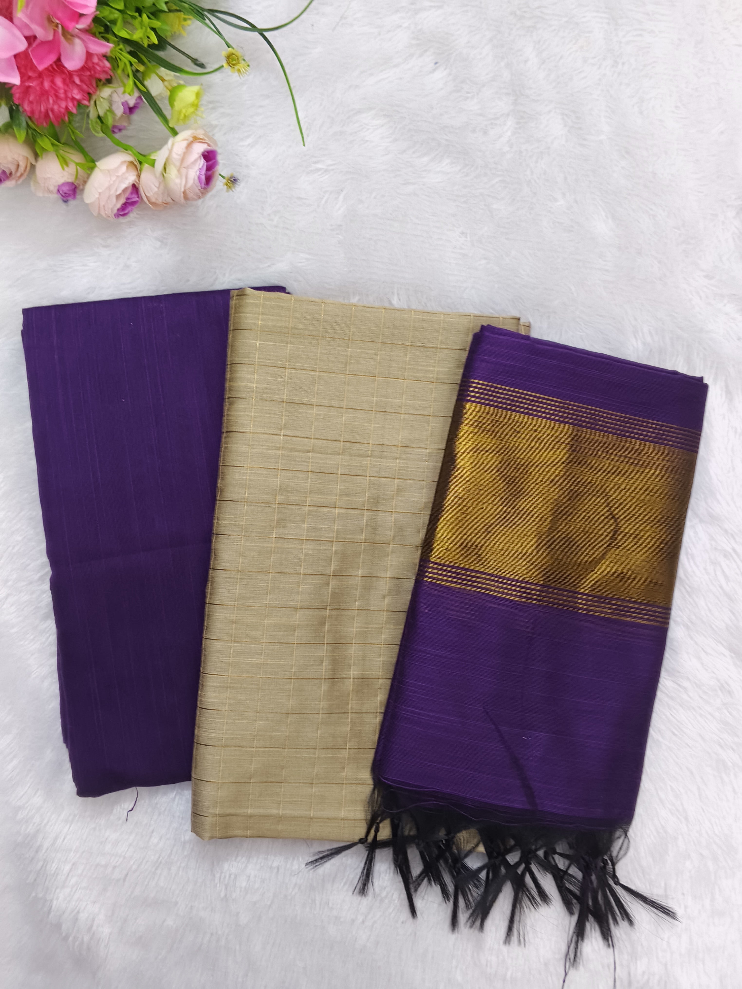 dark purple with creme colour combination raw silk 3 piece set