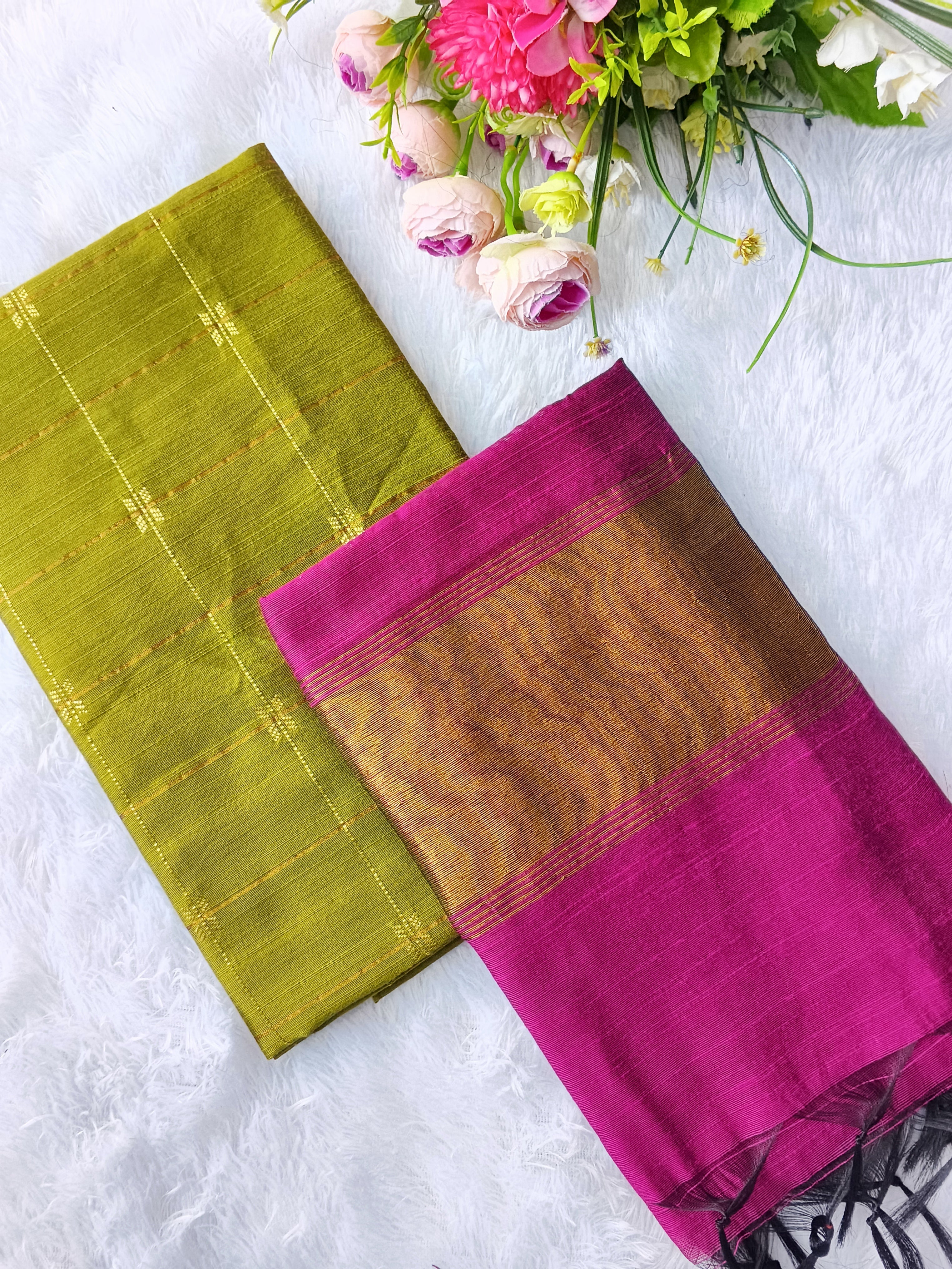 olive green with pink raw silk 2 piece set