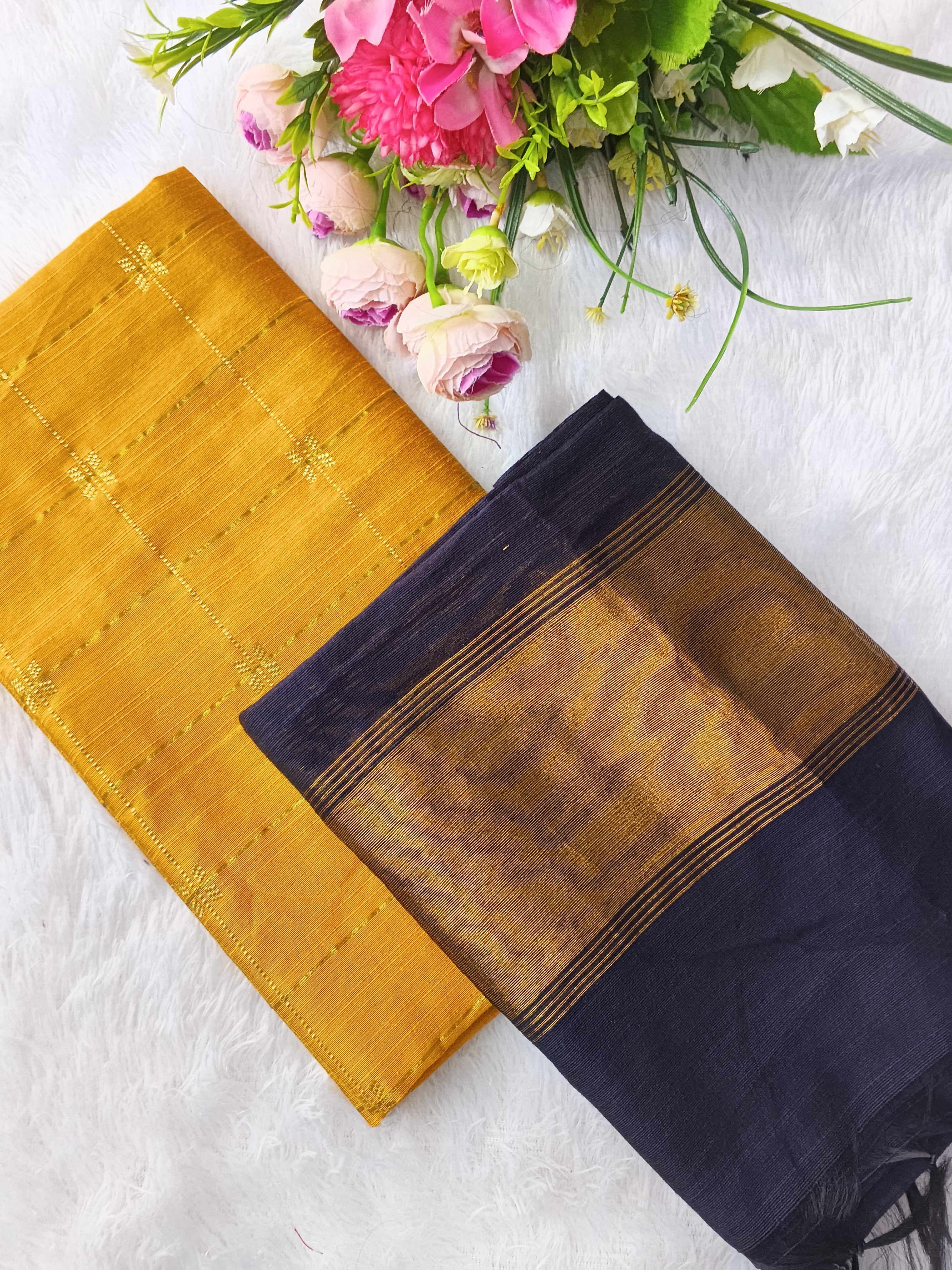 yellow checked raw silk 2 piece set