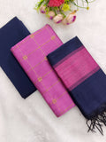 pink with navy blue raw silk 3 piece set