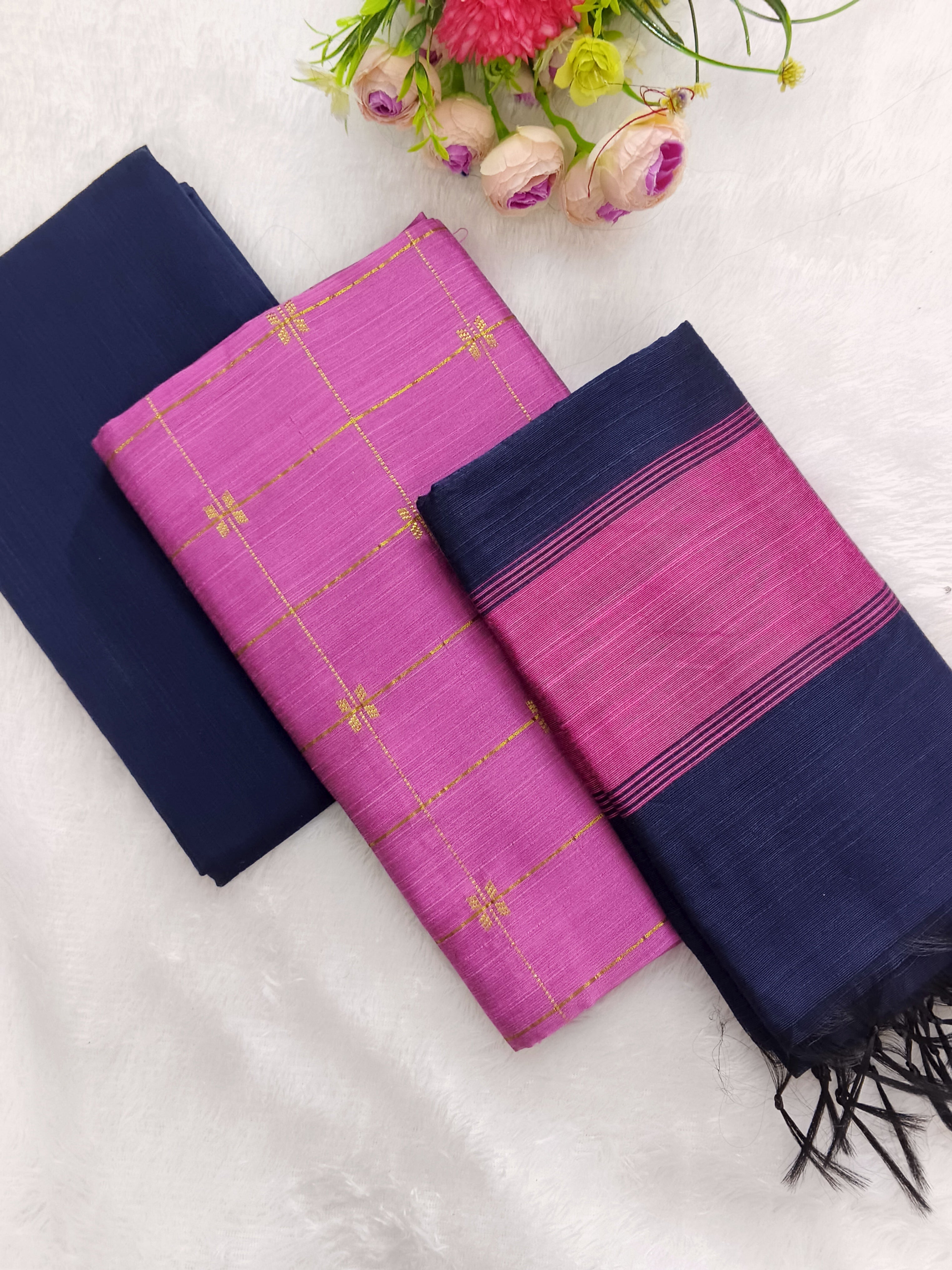 pink with navy blue raw silk 3 piece set