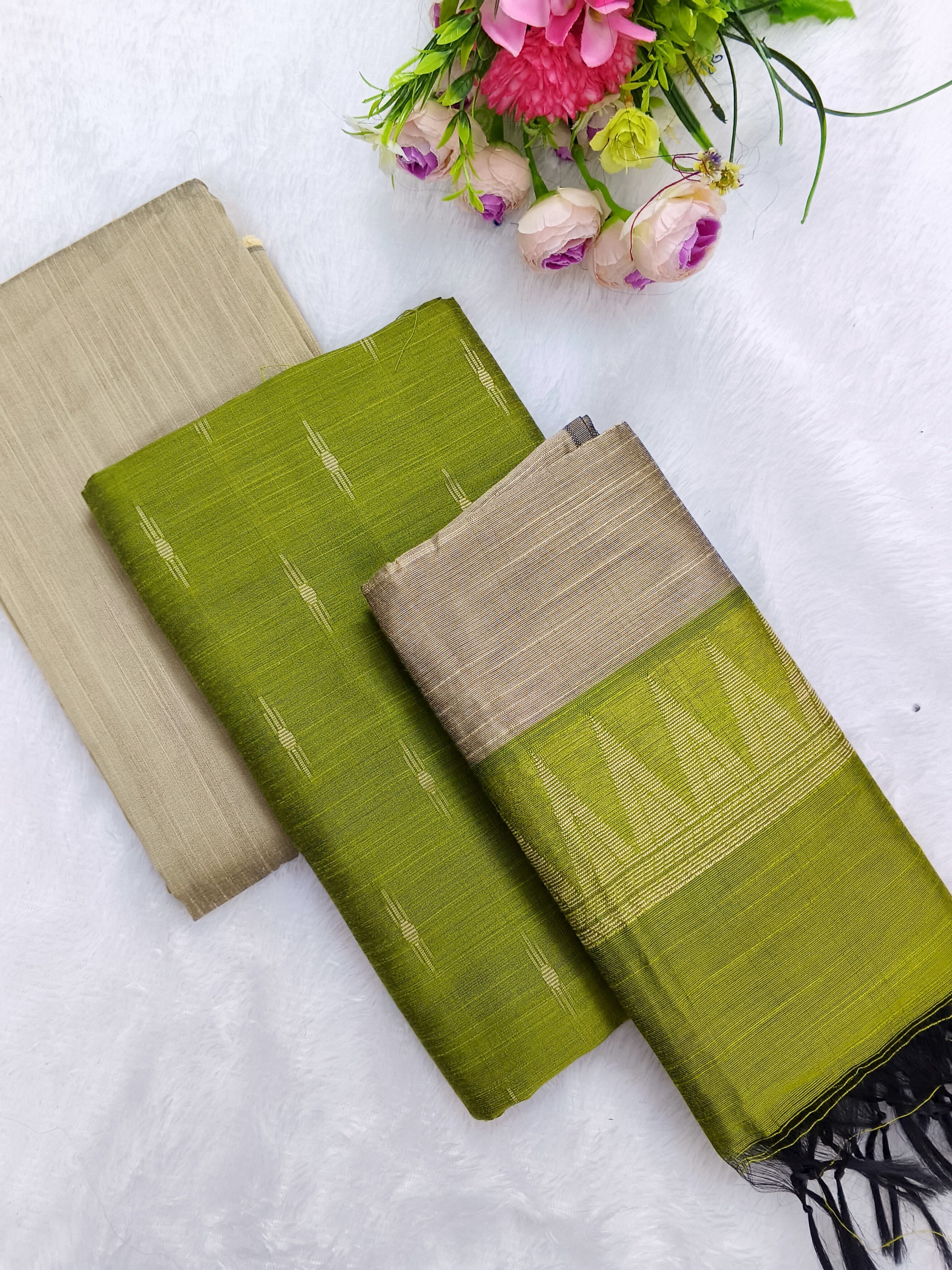 mehandi green raw silk 3 piece set