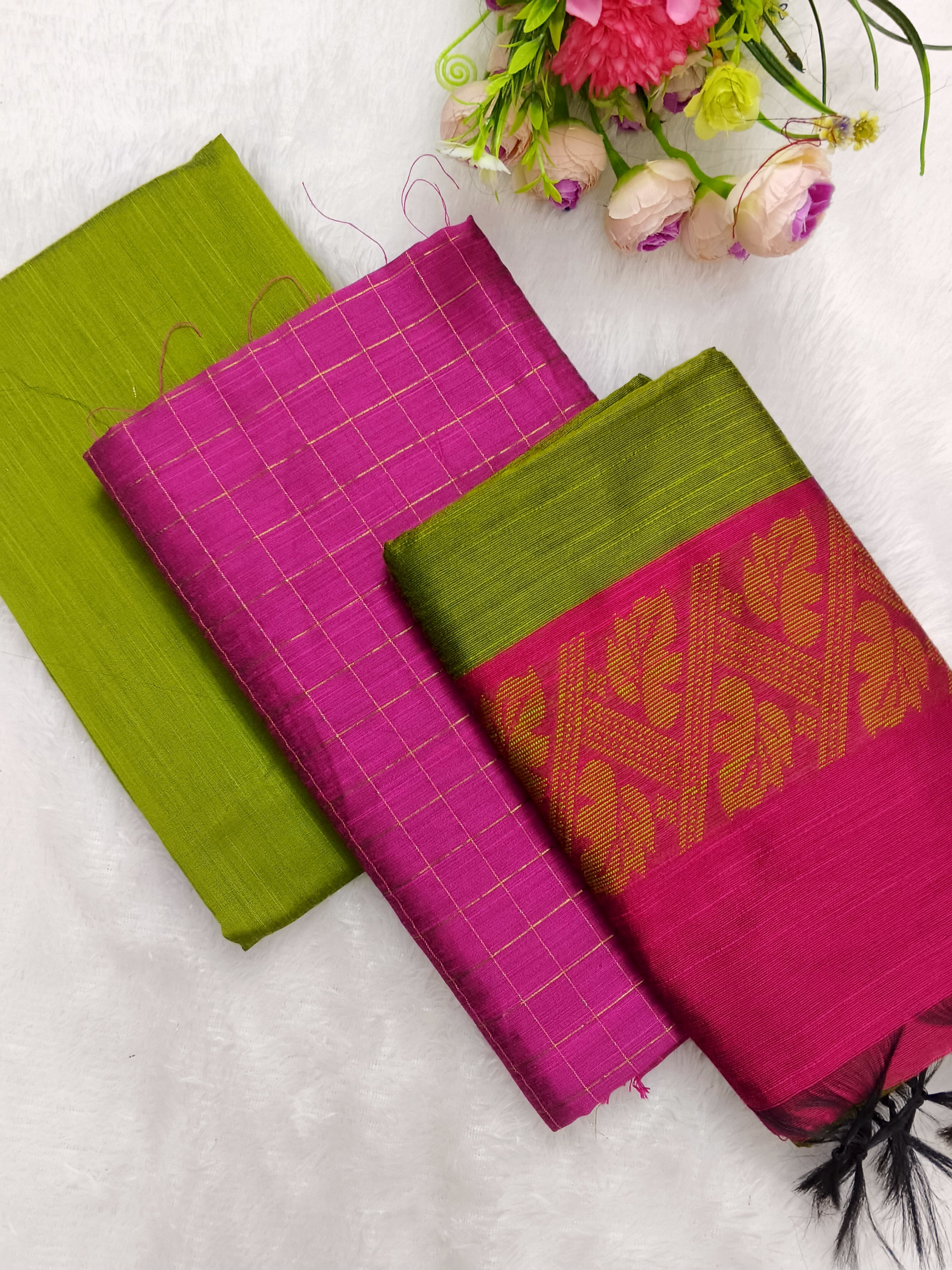 pink with mehandi green raw silk 3 piece set