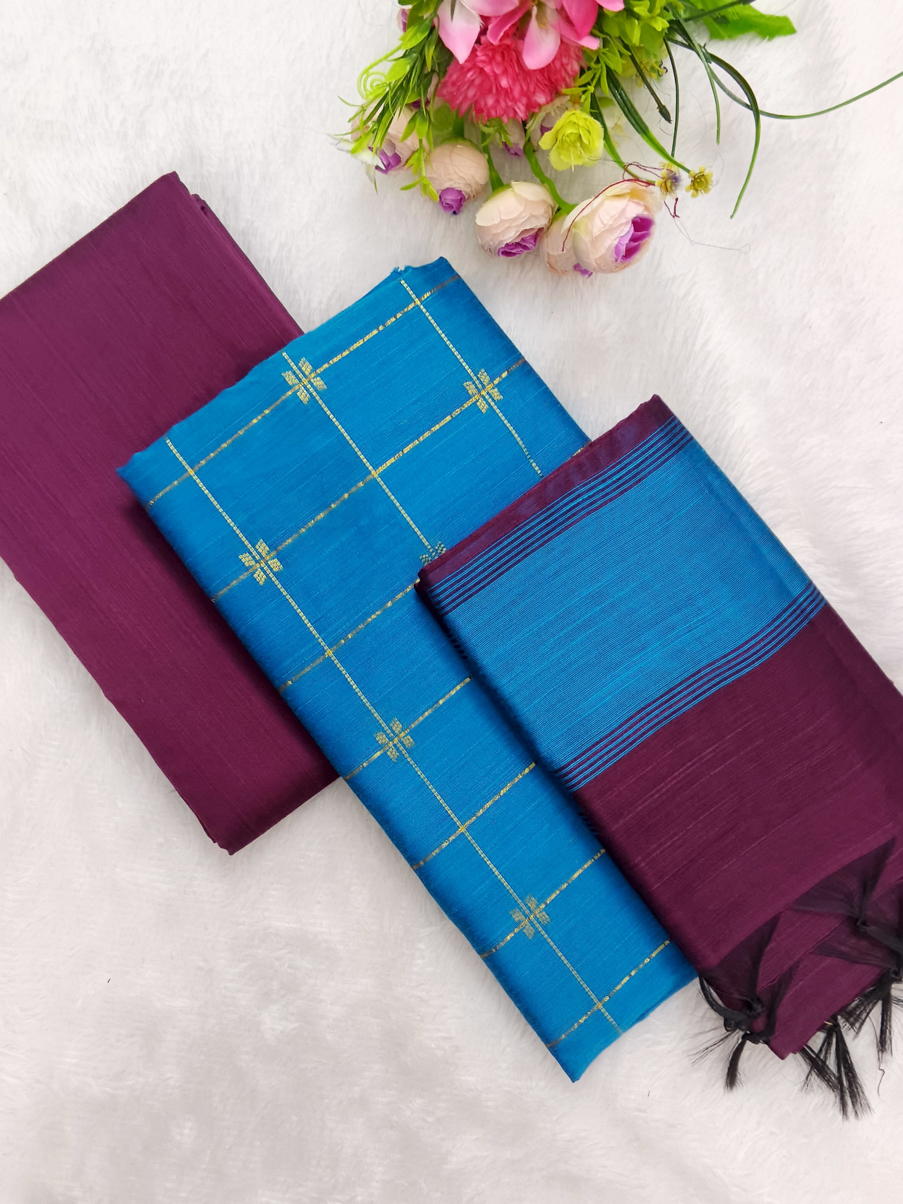teel blue with wine raw silk 3 piece set