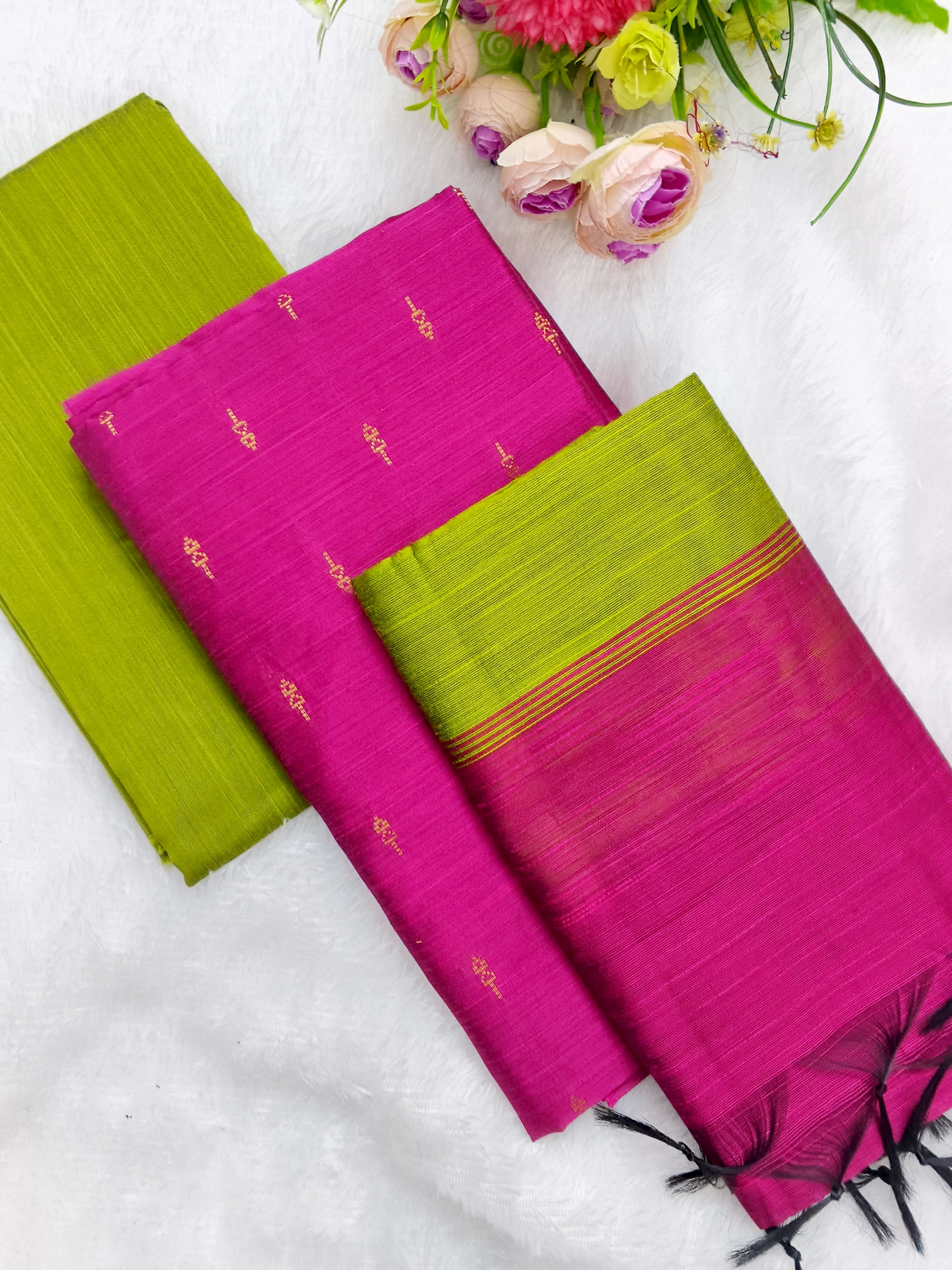 pink with mehandii green raw silk 3 piece set