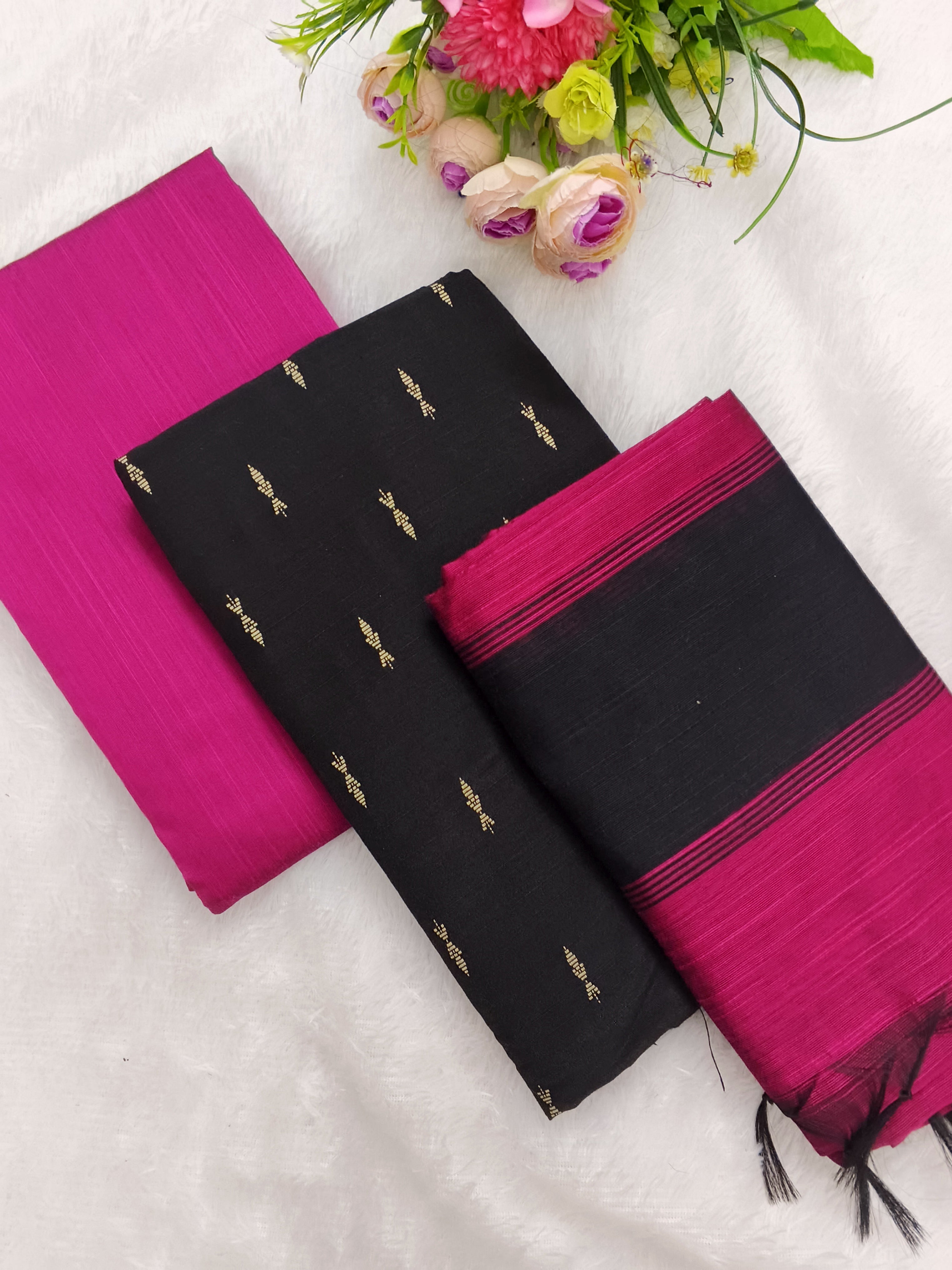 black with pink raw silk 3 piece set