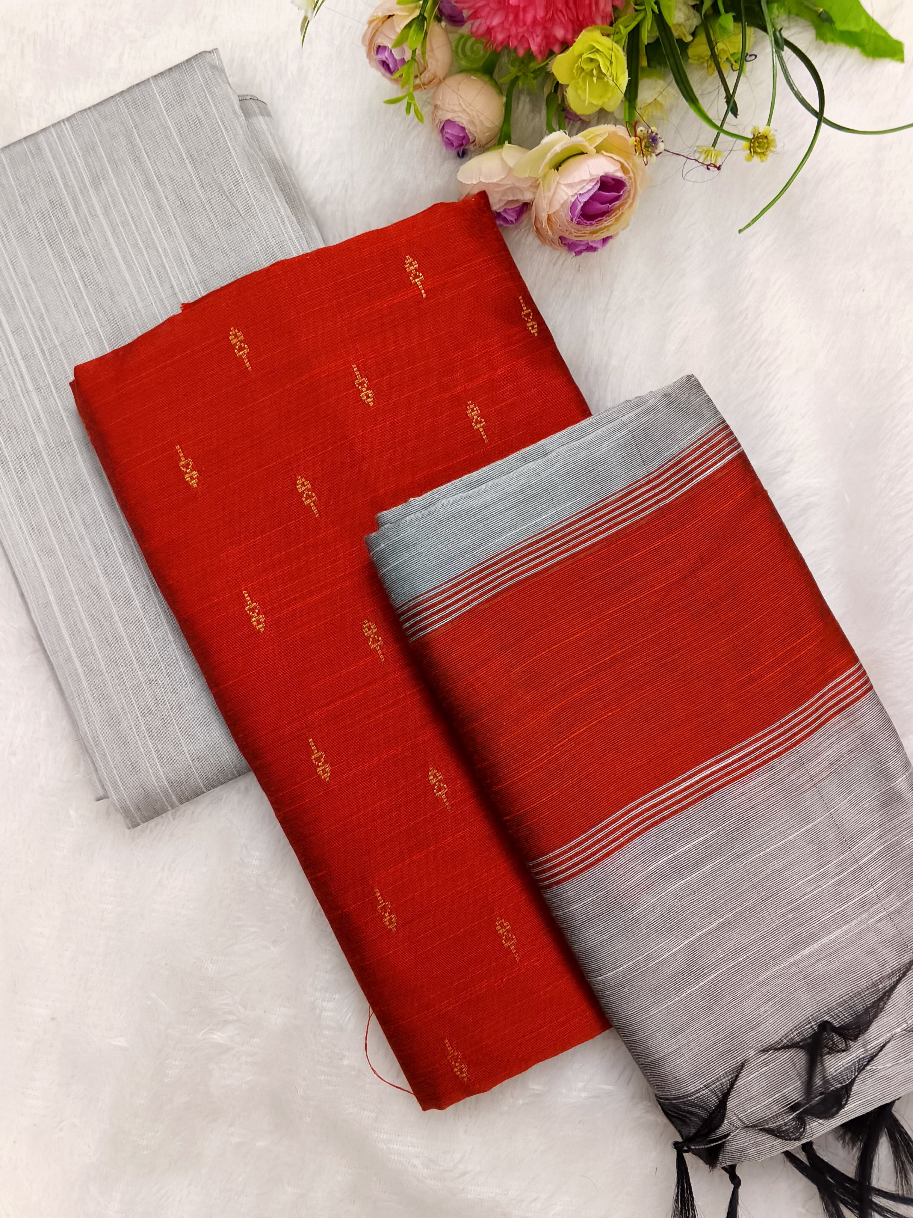 red with silver raw silk 3 piece set