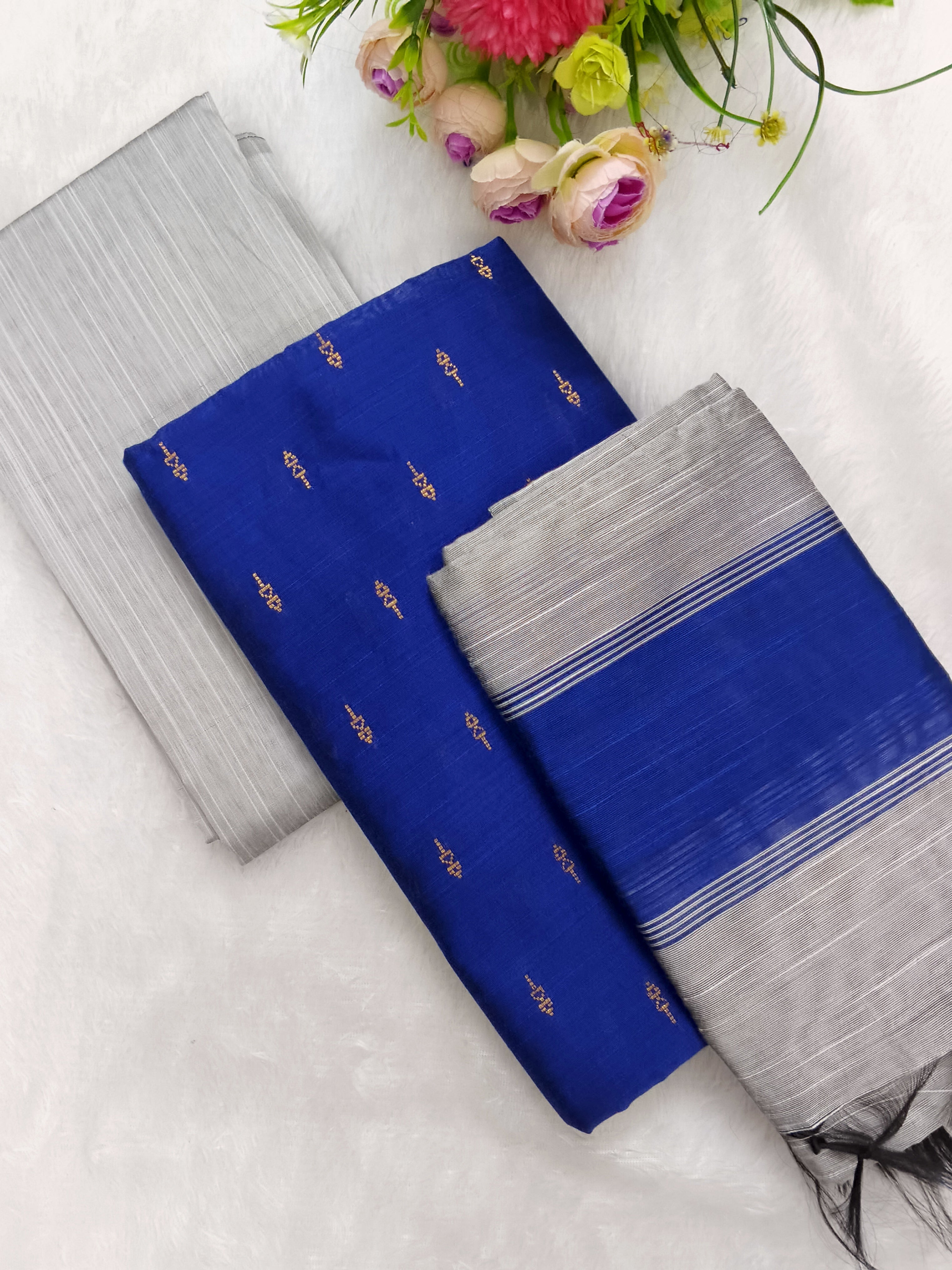 royal blue with silver raw silk 3 piece set