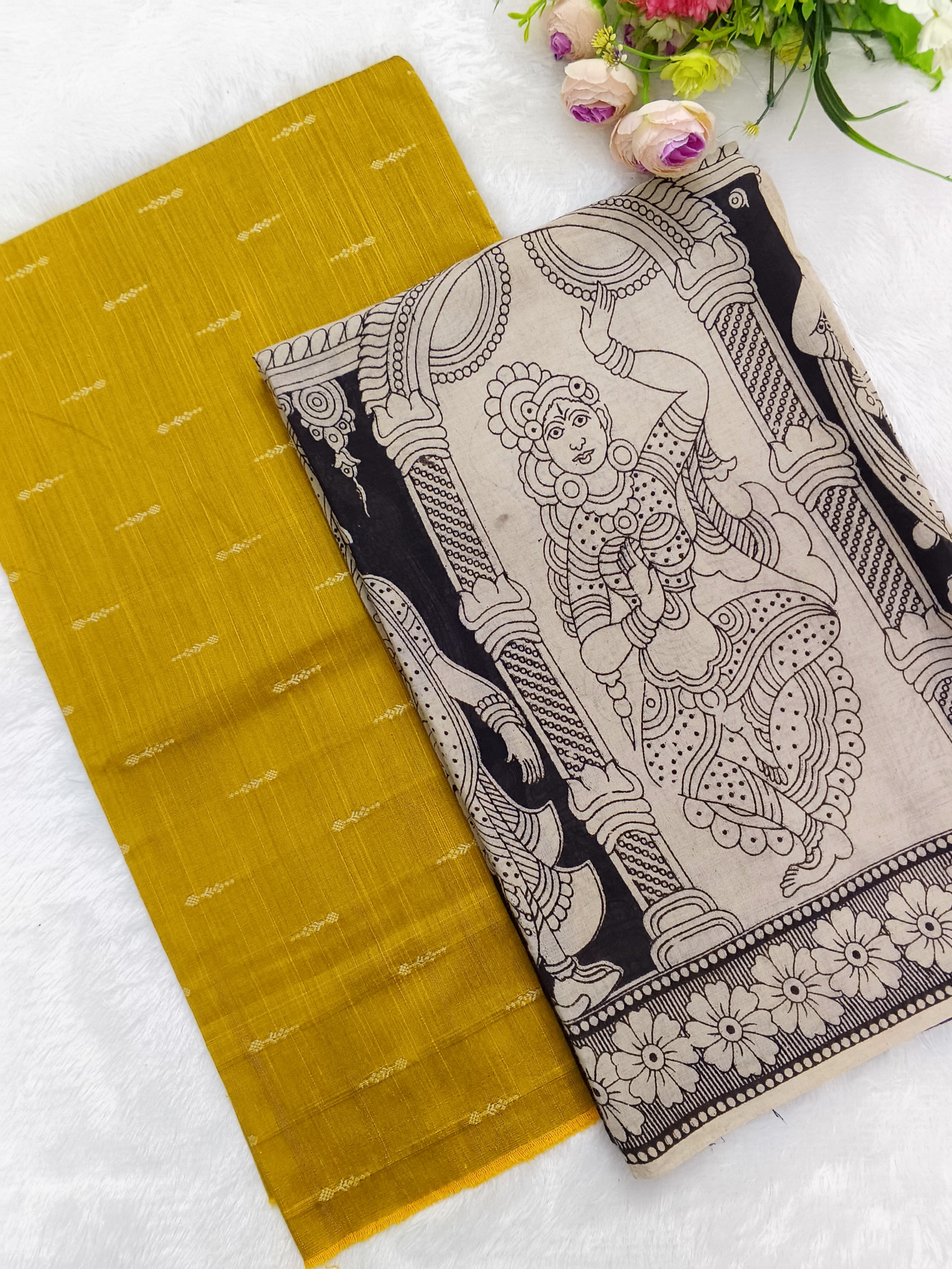 mustard yellow raw silk top with black kalamkari duppata 2 piece set