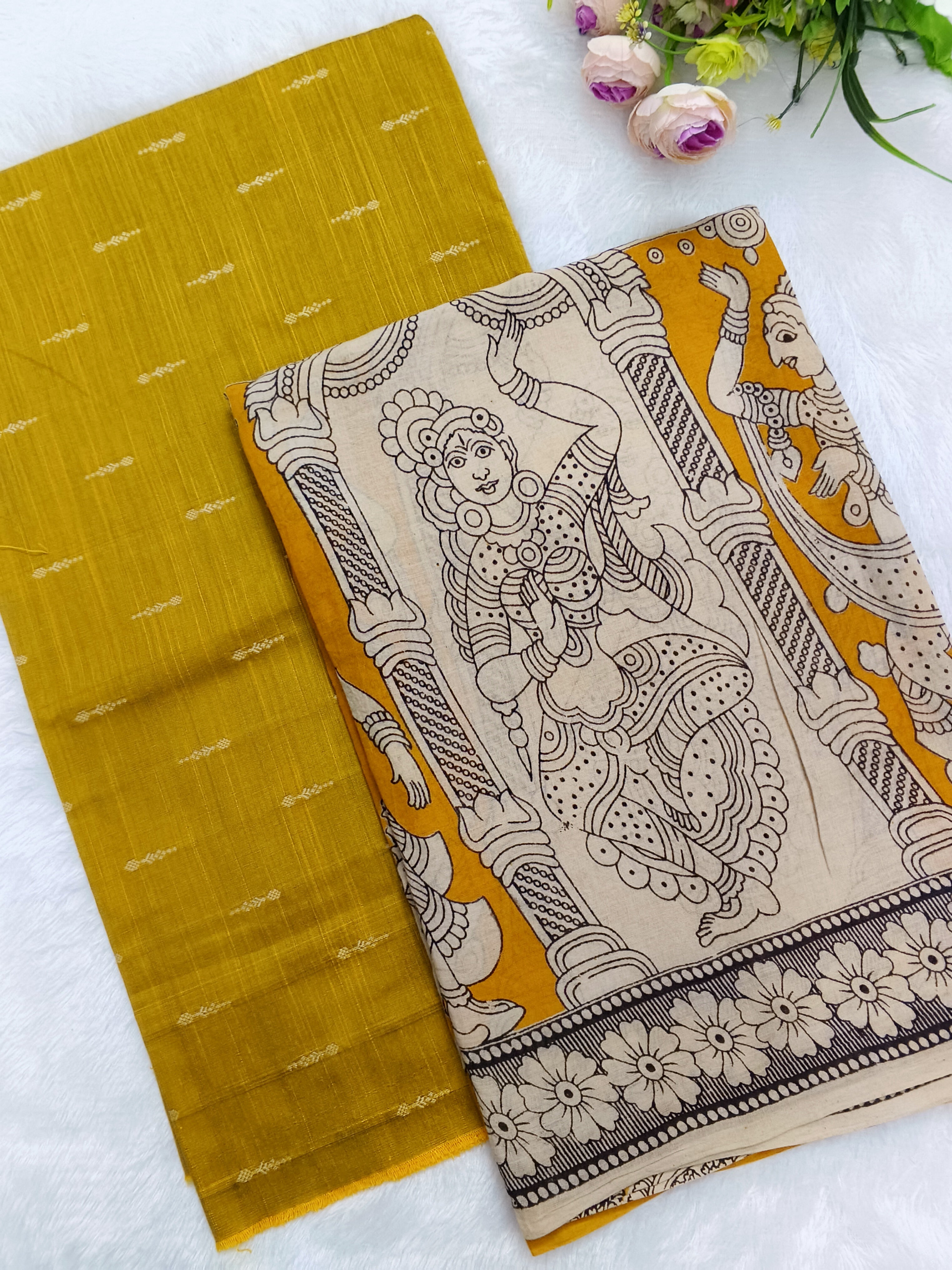 mustard yellow raw silk top with kalamkari duppata