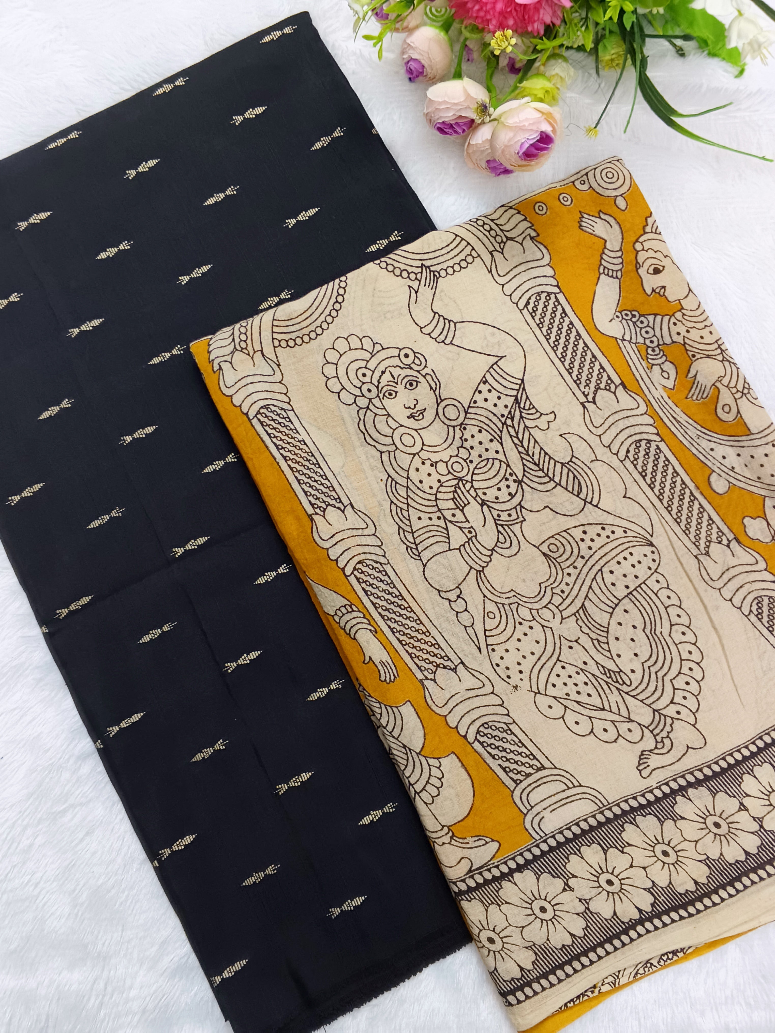 black raw silk top with yellow kalamkari duppata 2 piece set