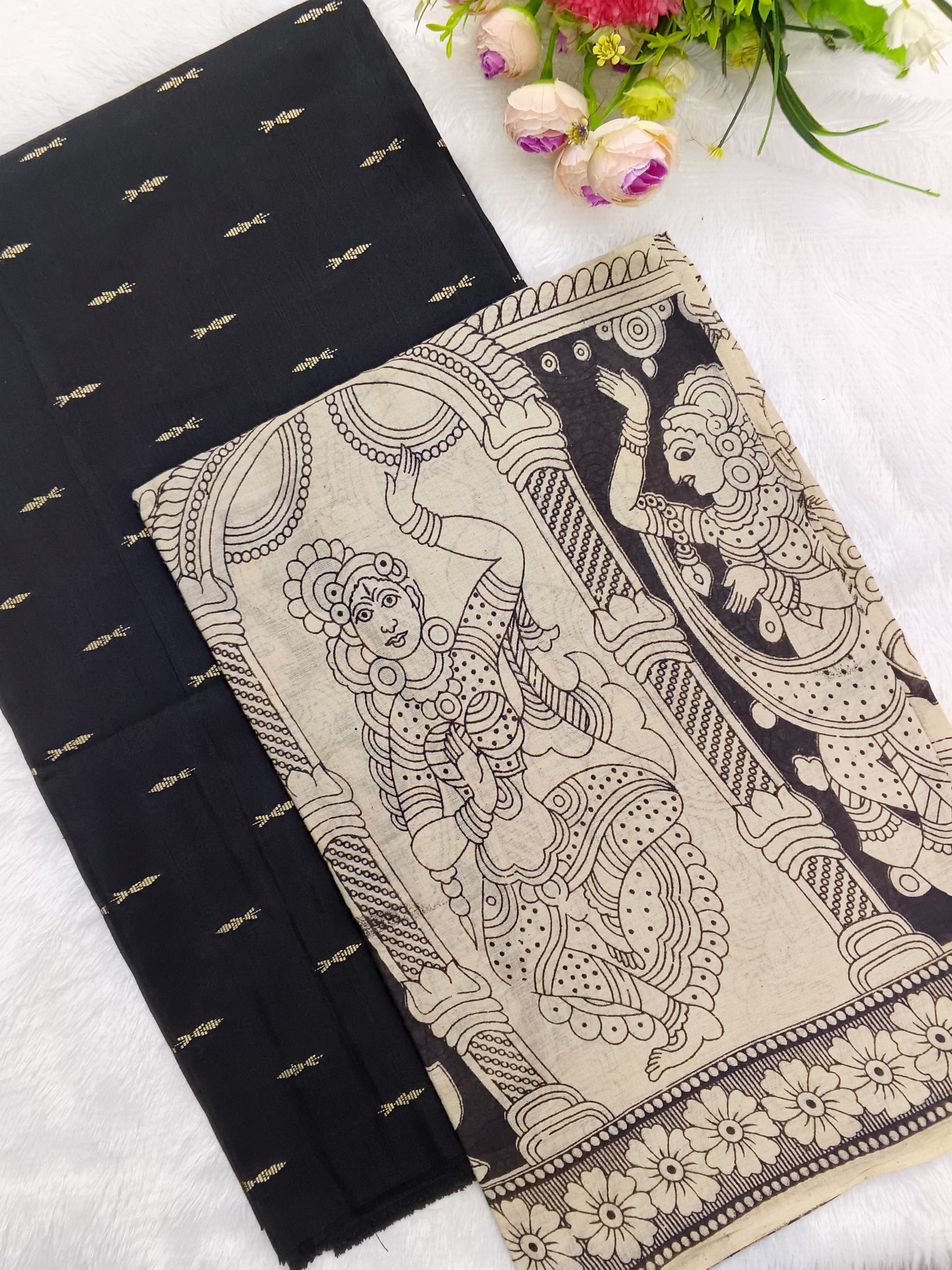 black raw silk top with black kalamkari duppata 2 piece set