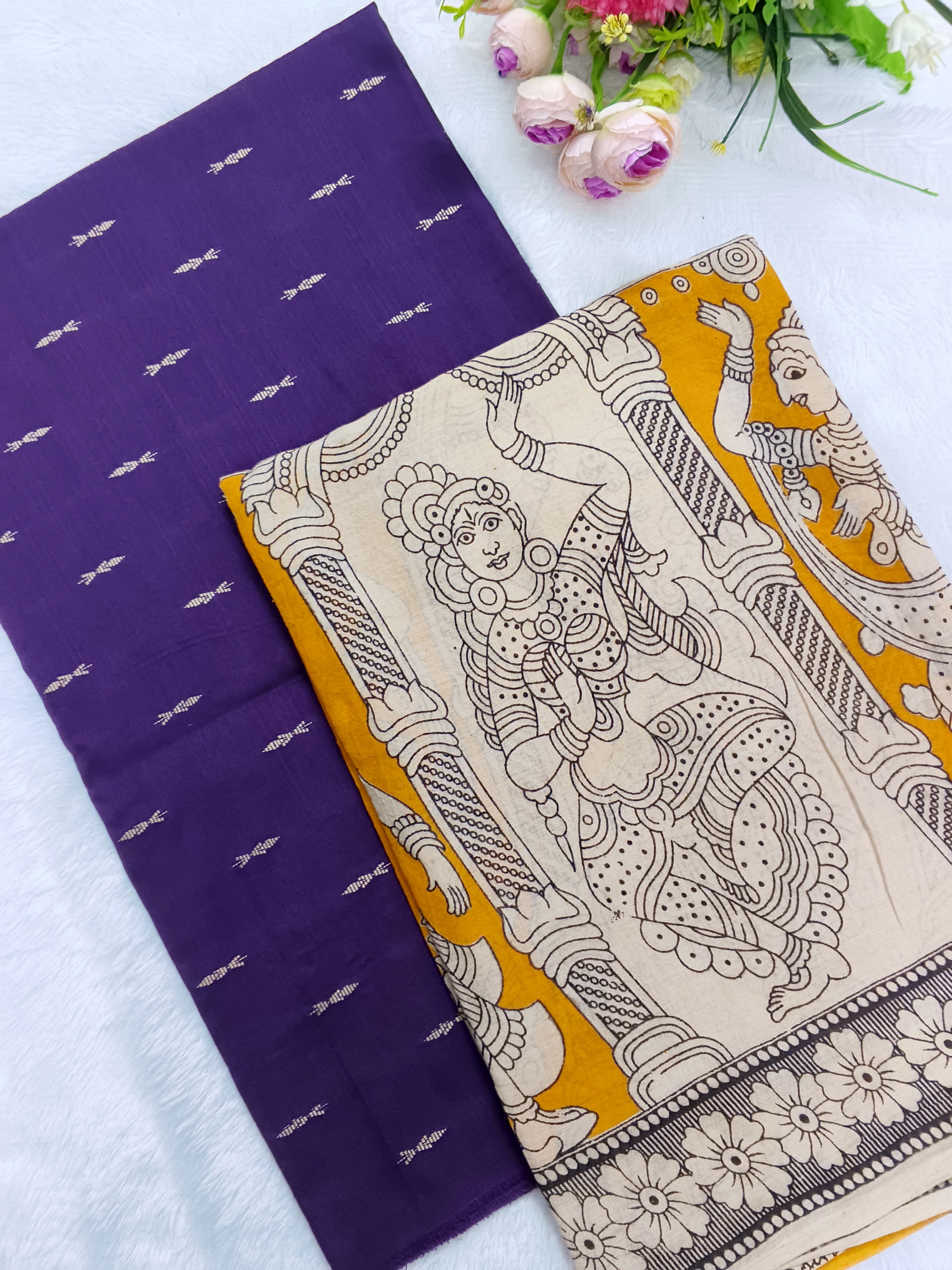dark purple raw silk top with yellow kalamkari duppata 2 piece set