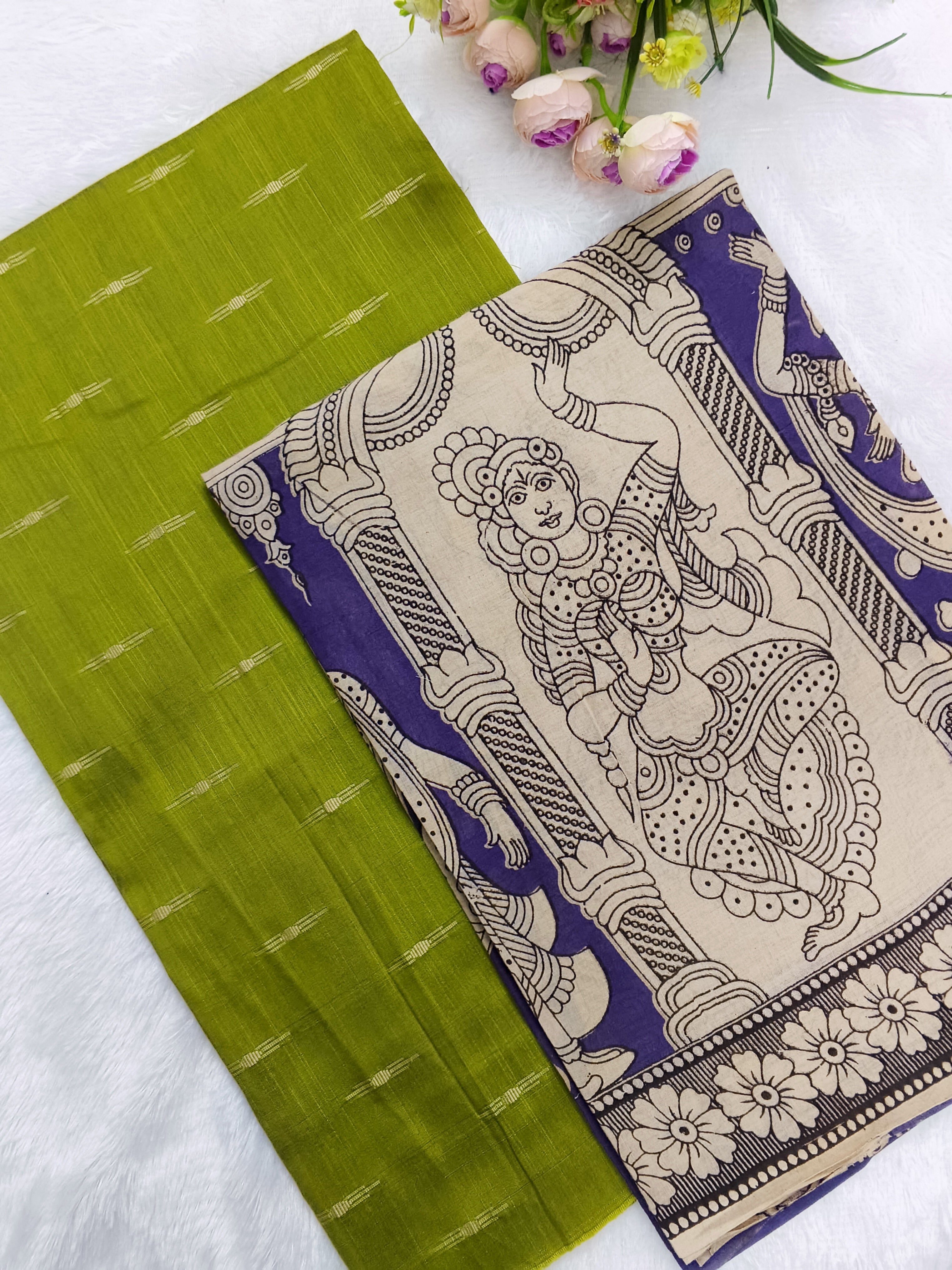 mehandi green raw silk top with purple kalamkari duppata 2 piece set