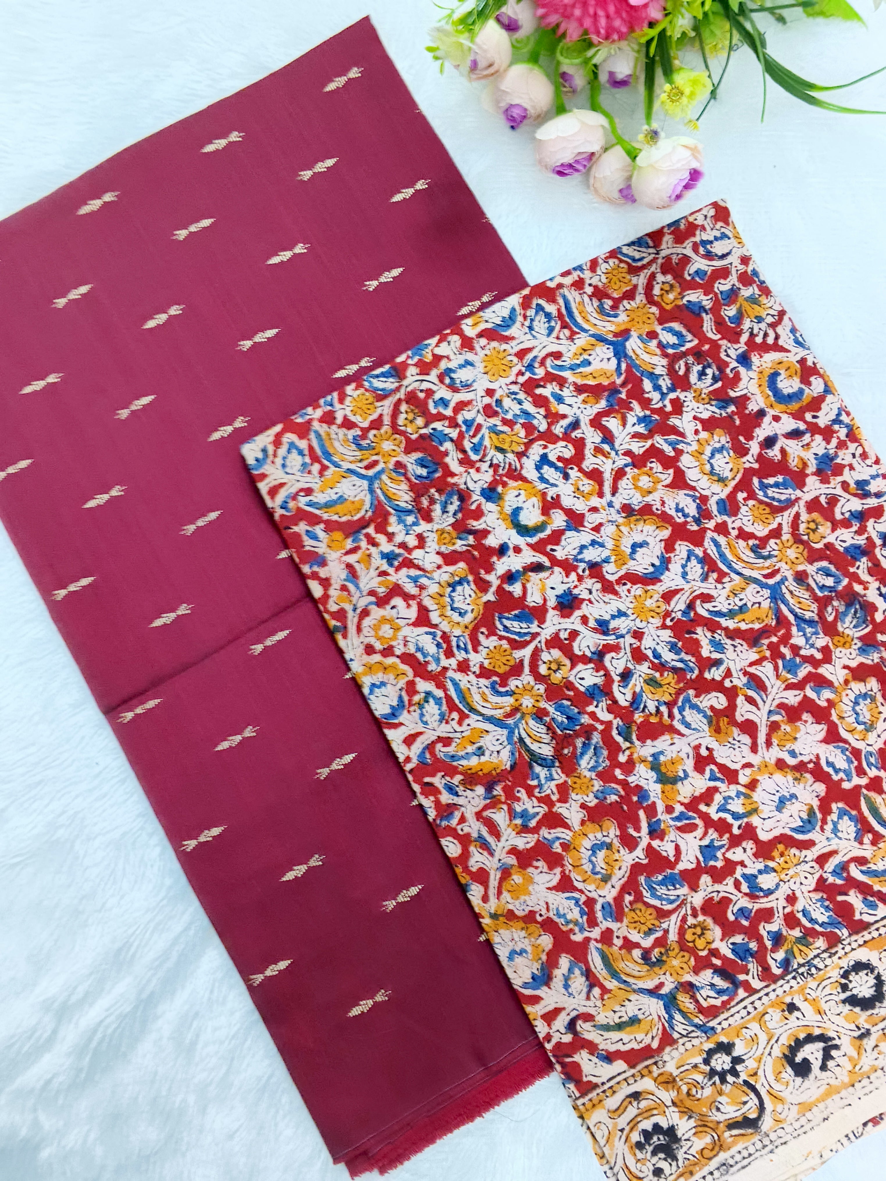 marron raw silk top with block print kalamkari duppata