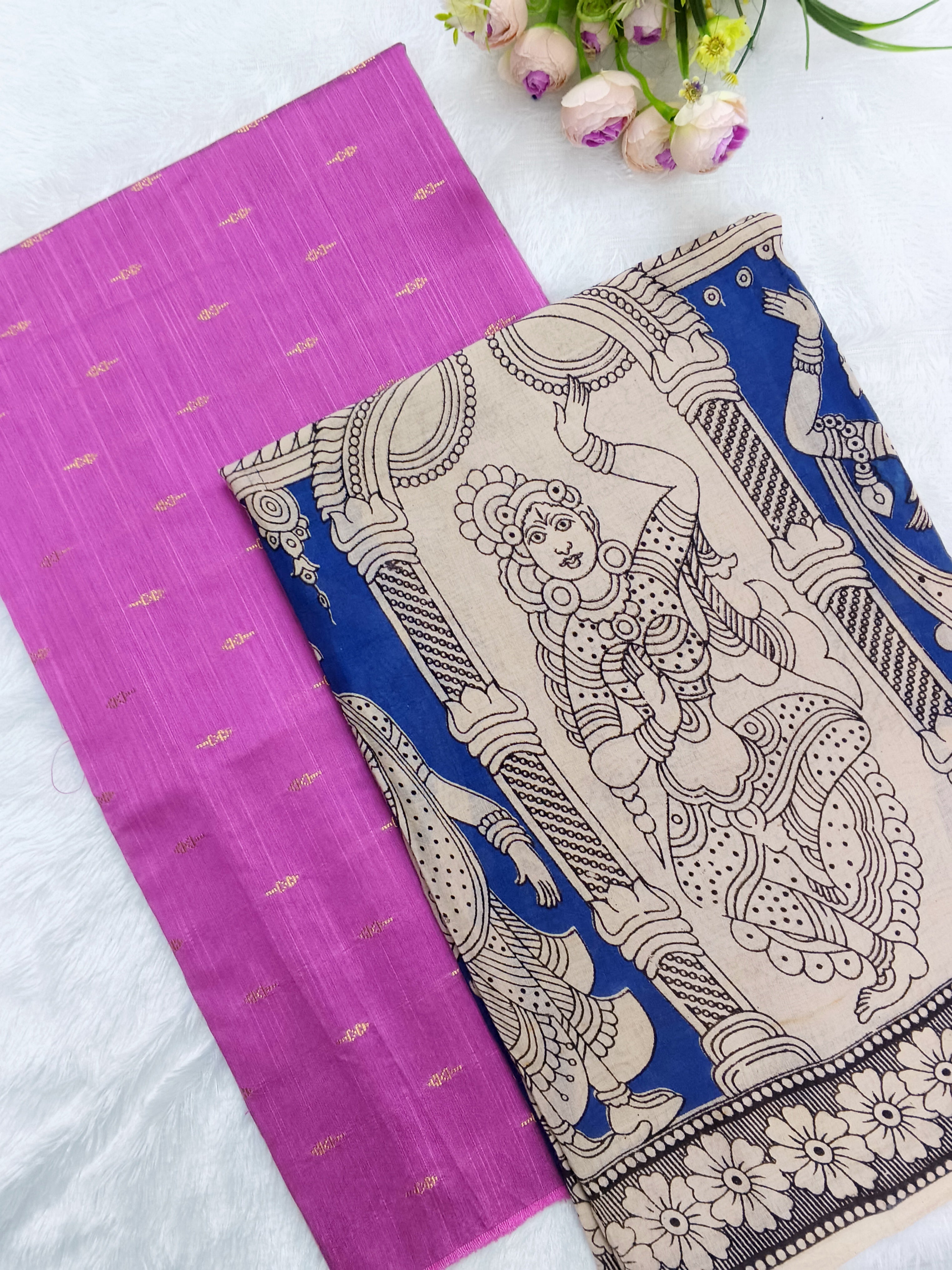 pink raw silk top with royal blue kalamkari duppata 2 piece set