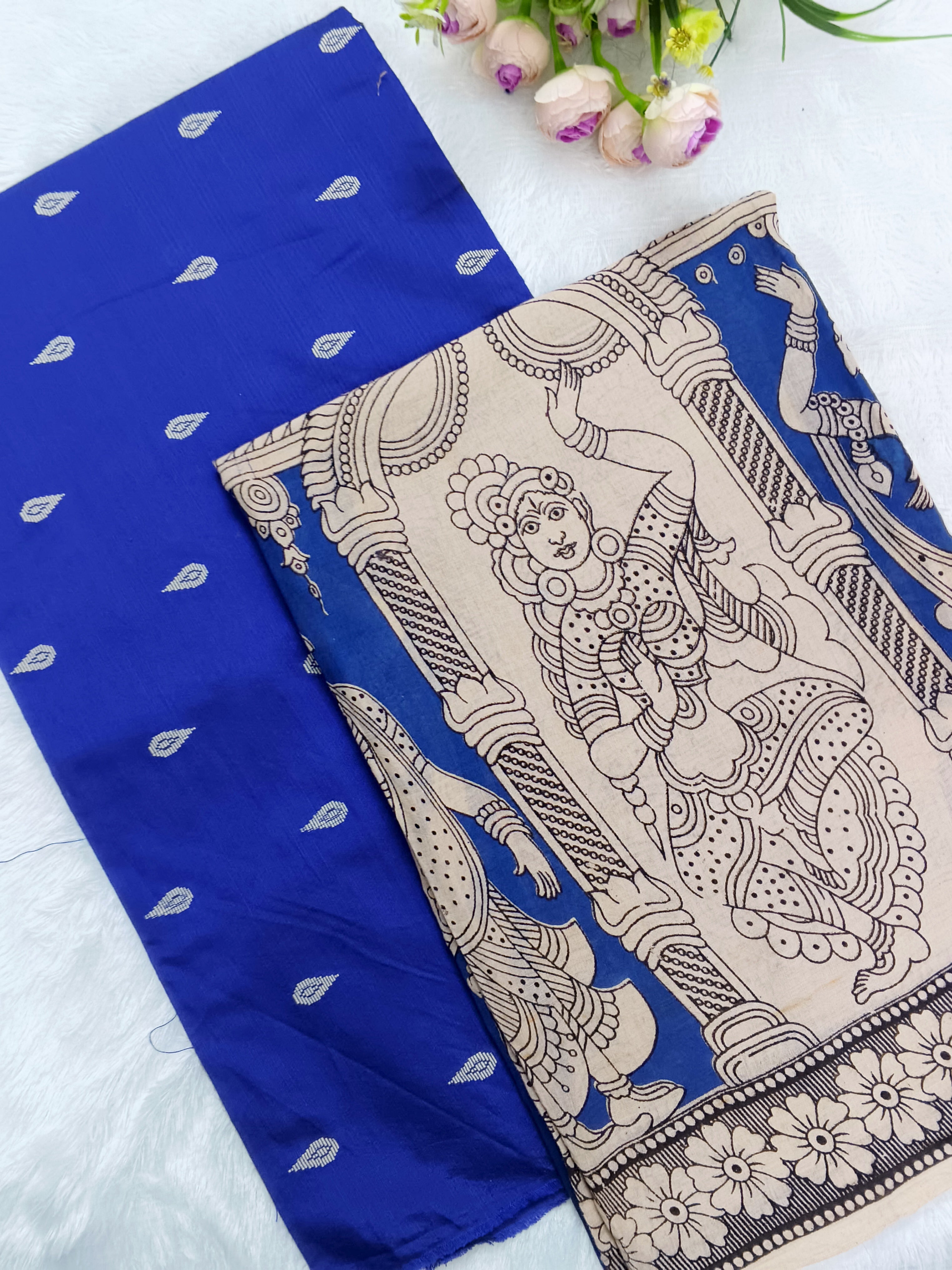 royal blue raw silk top with royal blue kalamkari duppata 2 piece set