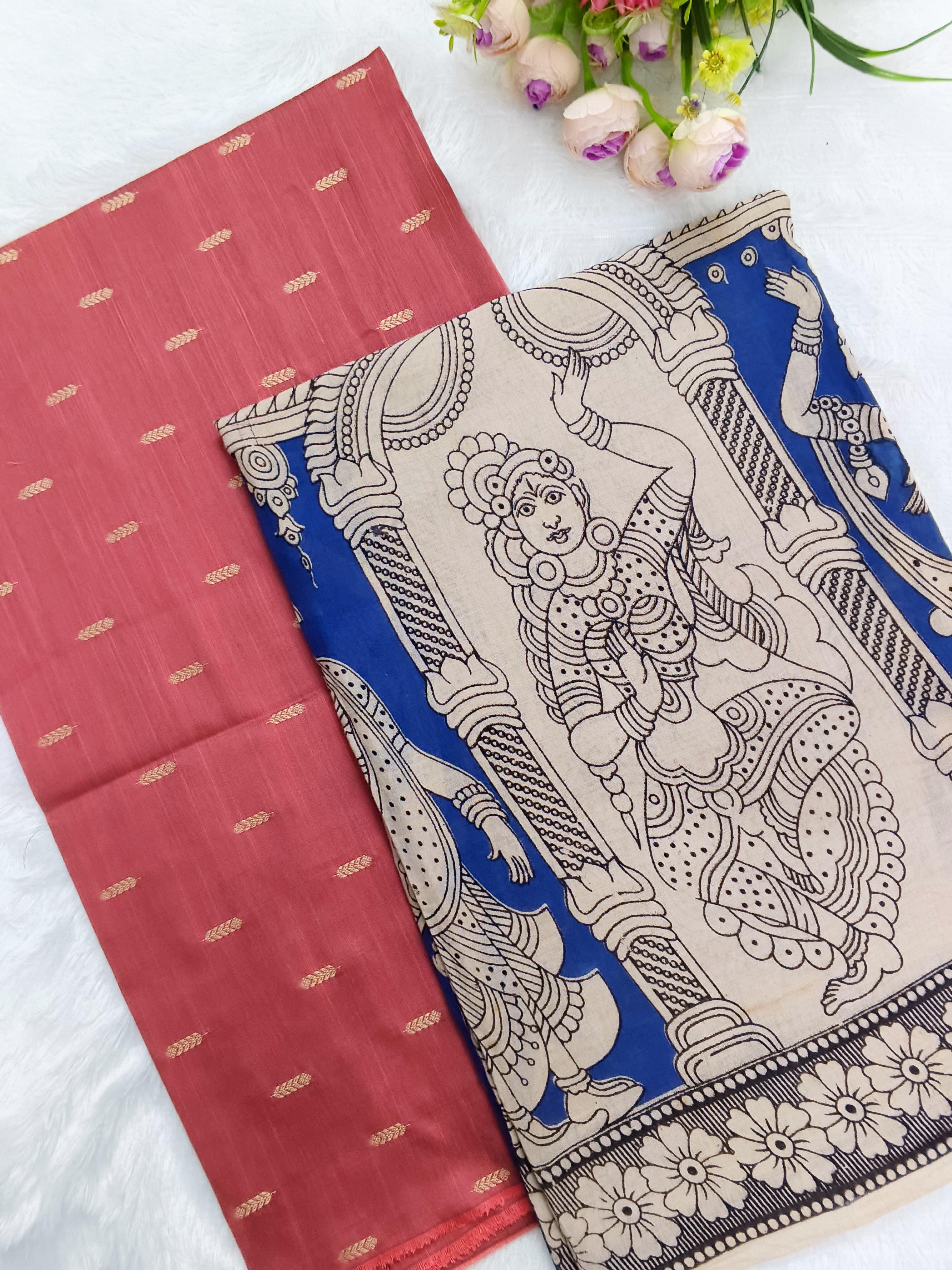 peech colour raw silk top with royal blue kalamkari duppata 2 piece set