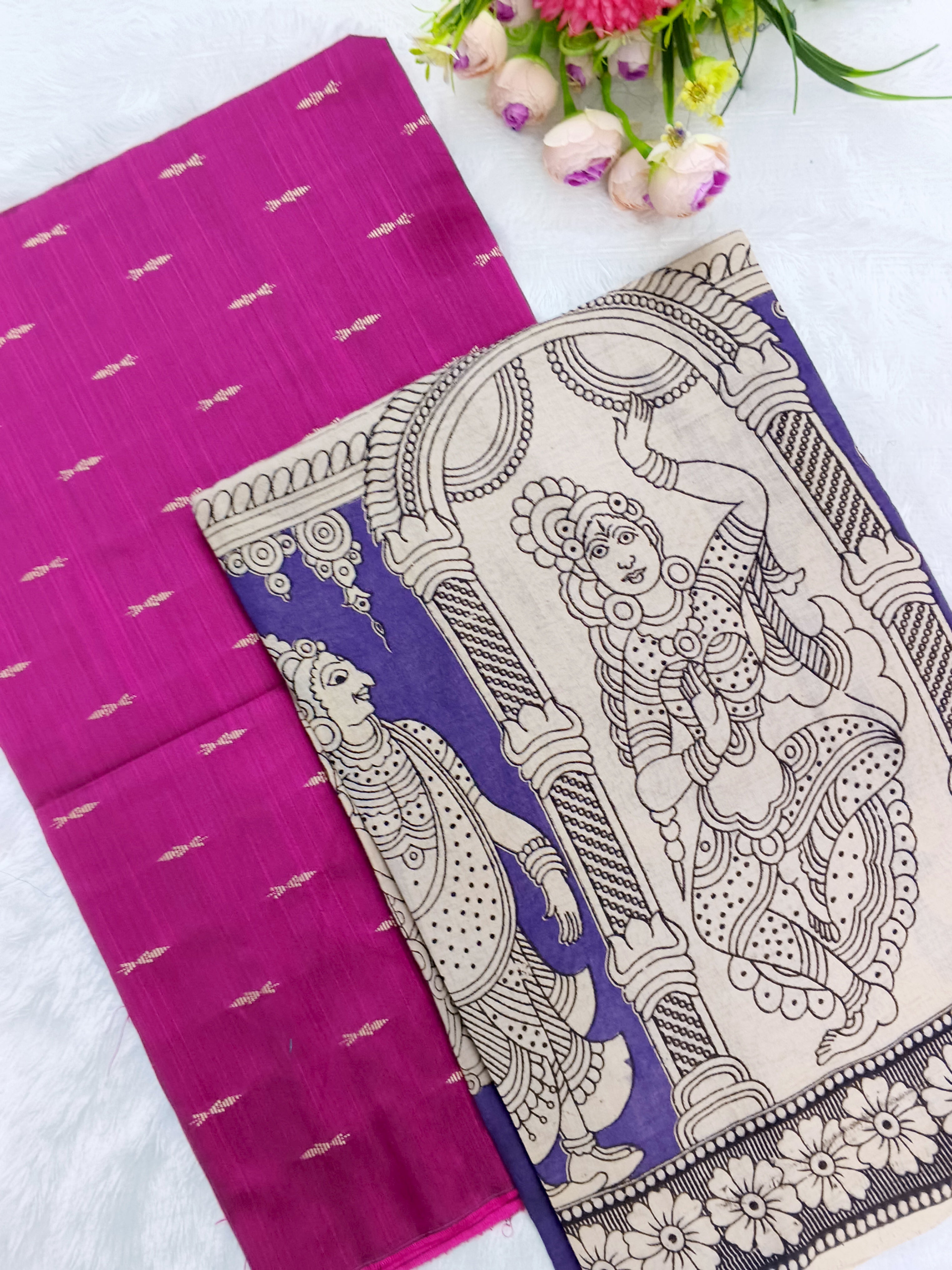 mejanta pink raw silk top with purple kalamkari duppata 2 piece set