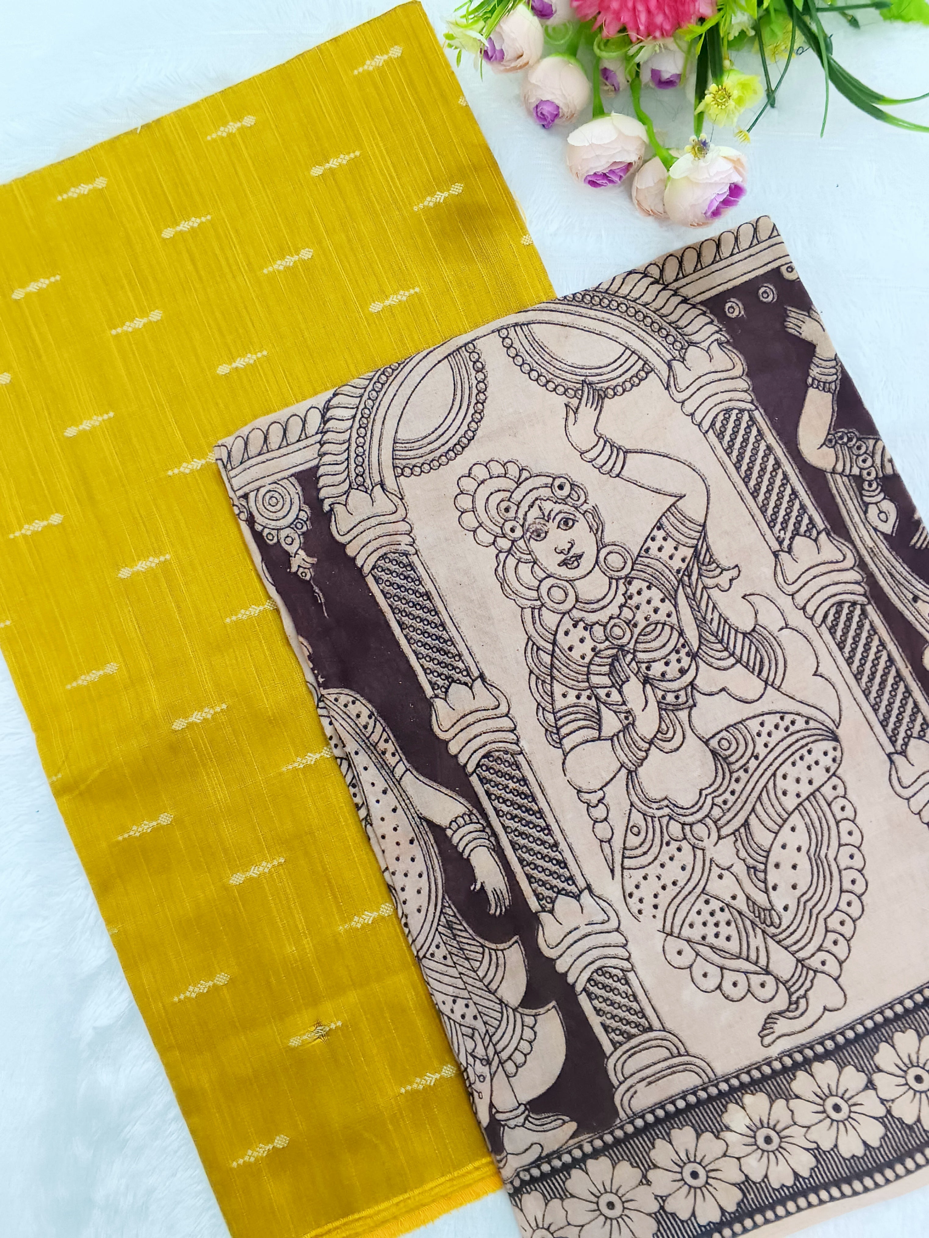 mustard yellow raw silk top with brown kalamkari duppata 2 piece set