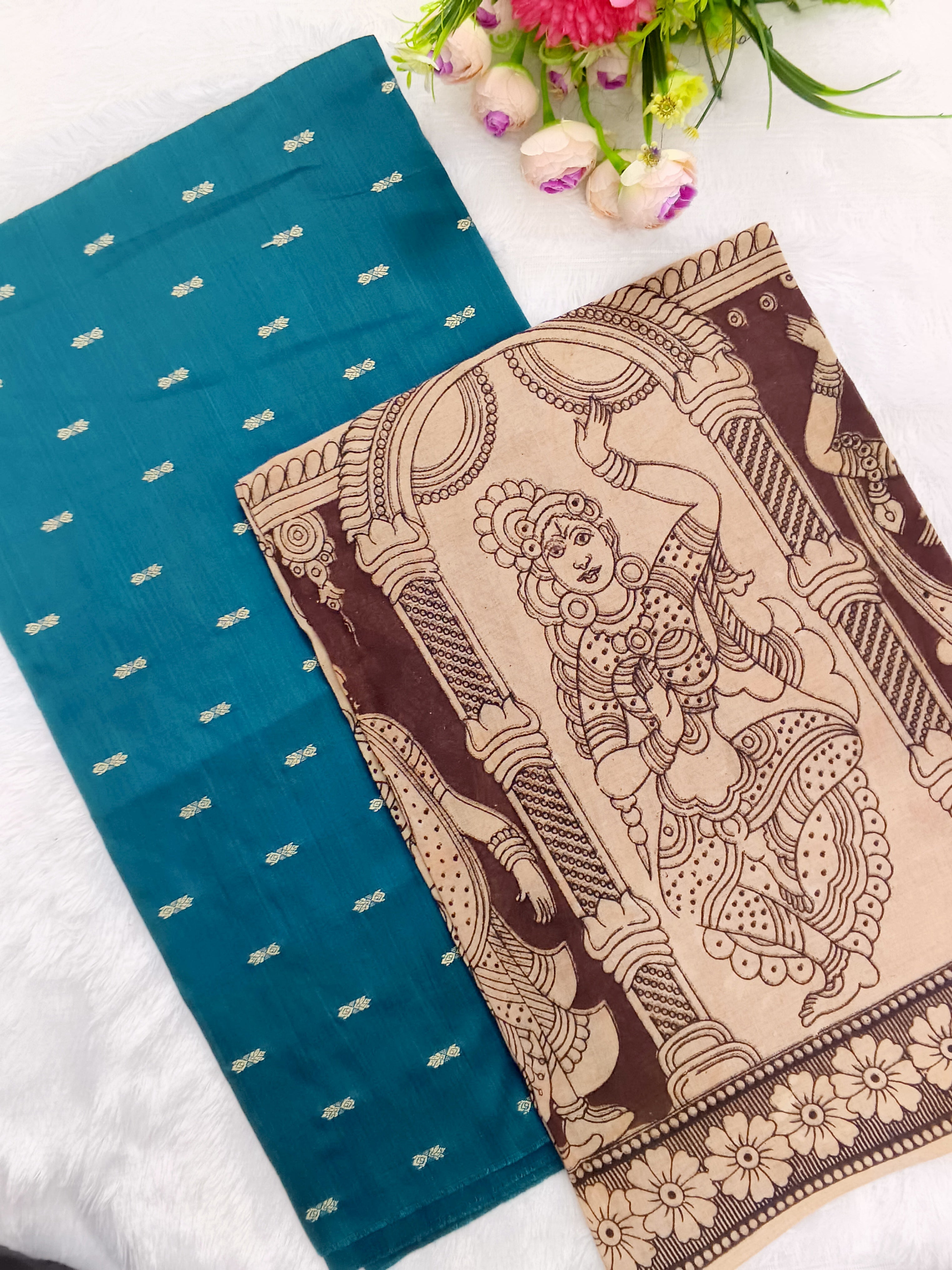 mayil green raw silk top with brown kalamkari duppata